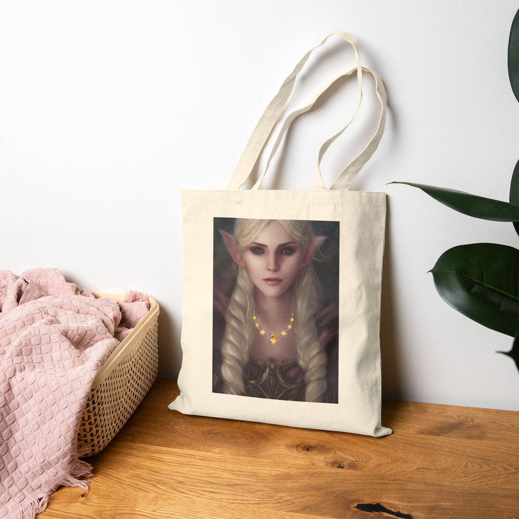 Tote bag with an elf design on a wooden surface with a white wall and plant in the background