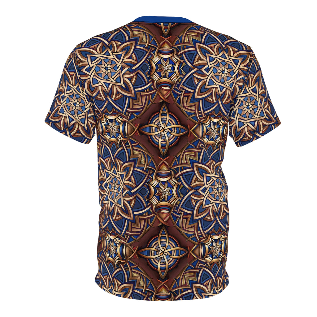T-shirt with a Celtic pattern in blue and brown on a white background