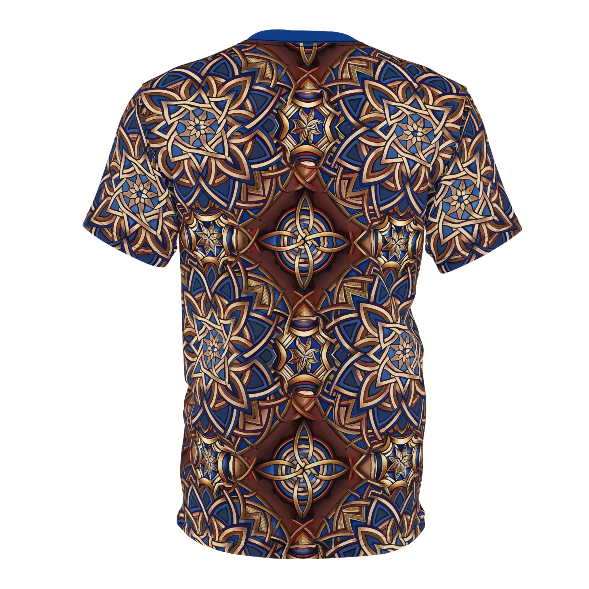 T-shirt with a Celtic pattern in blue and brown on a white background