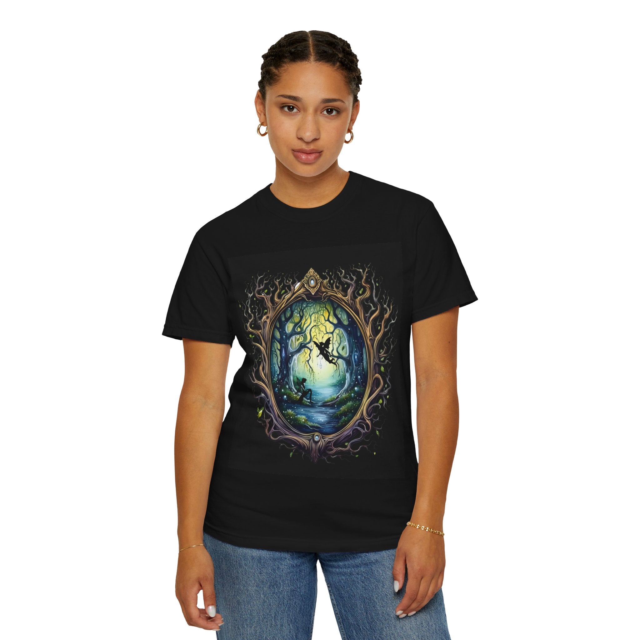 Woman wearing a black t-shirt with a fantasy design 
