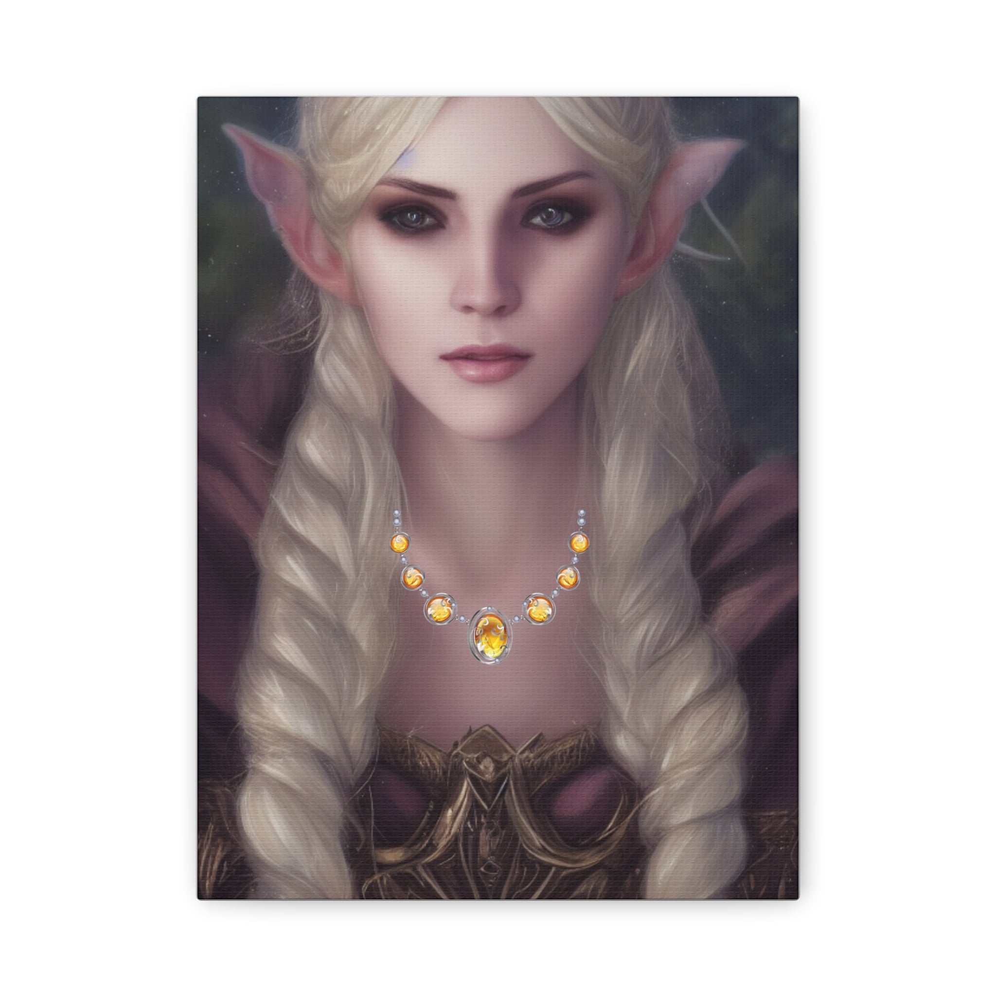 Elvish character with long blonde hair and pointed ears wearing a necklace with yellow Topaz stones.
