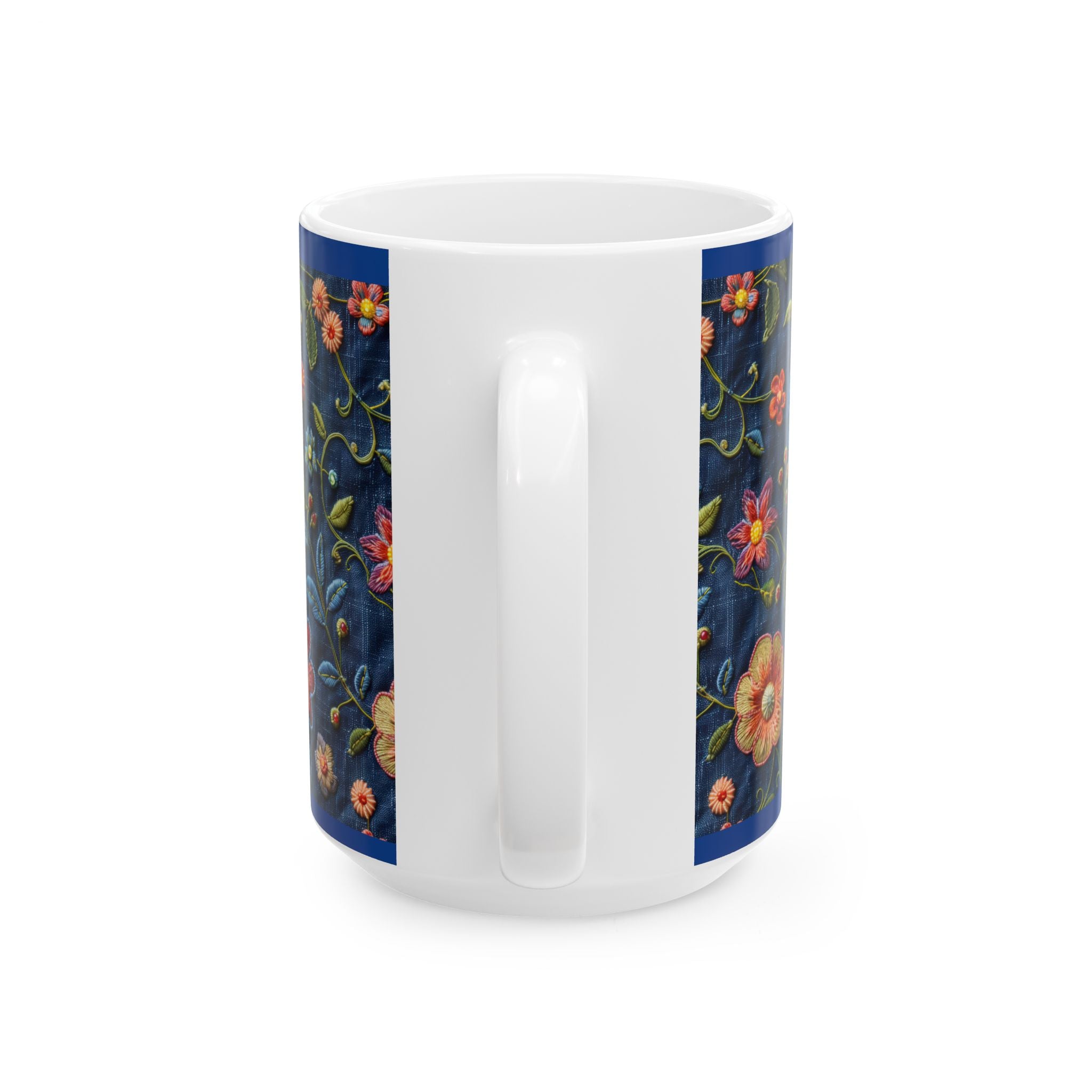 White mug with floral pattern on a blue background