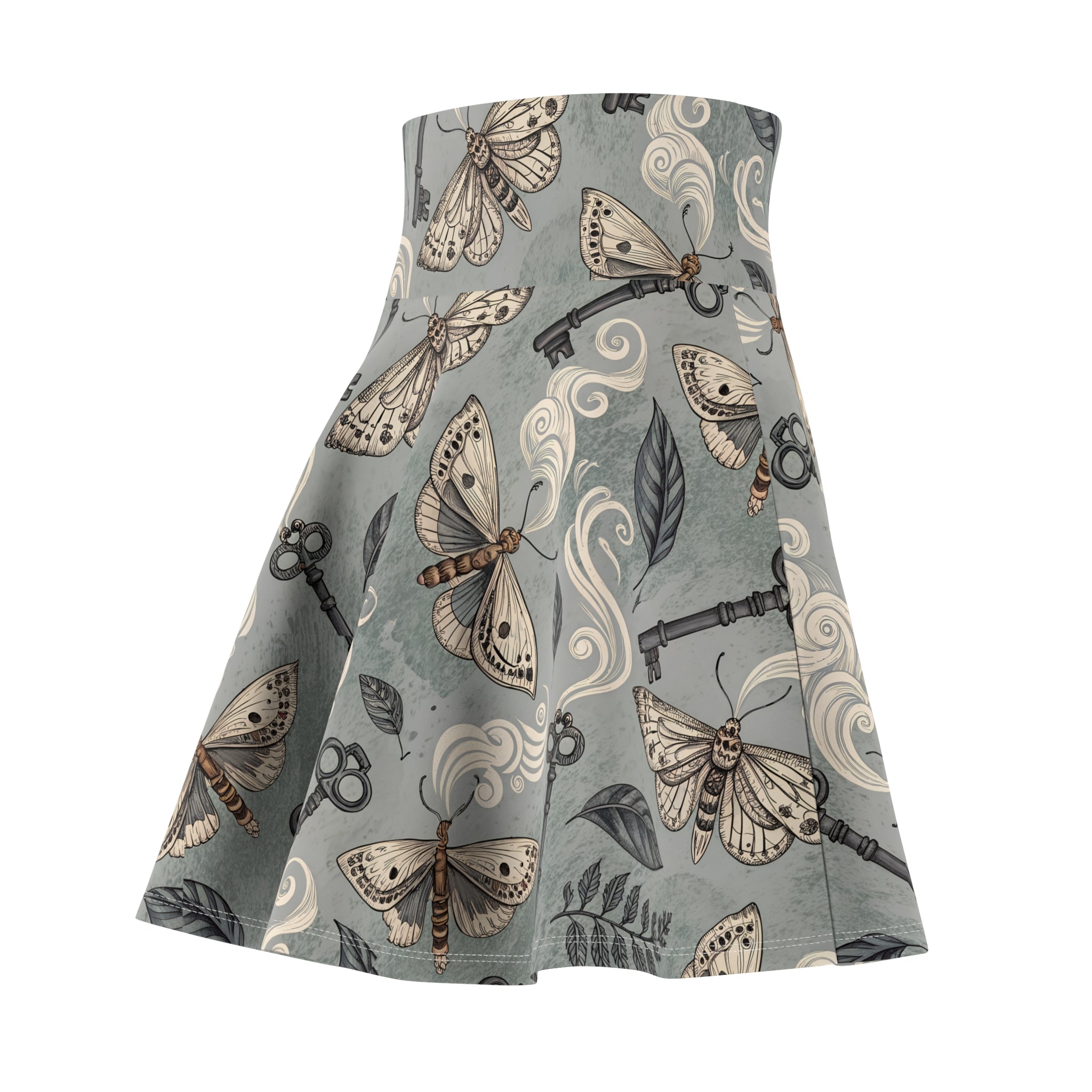 Skirt with moth and key pattern on a gray background