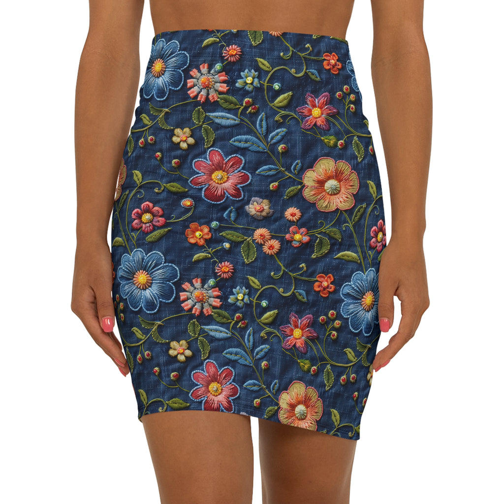 Floral Embroidered Look Denim Pencil Skirt — Mid‑Waist Retro Flower Print