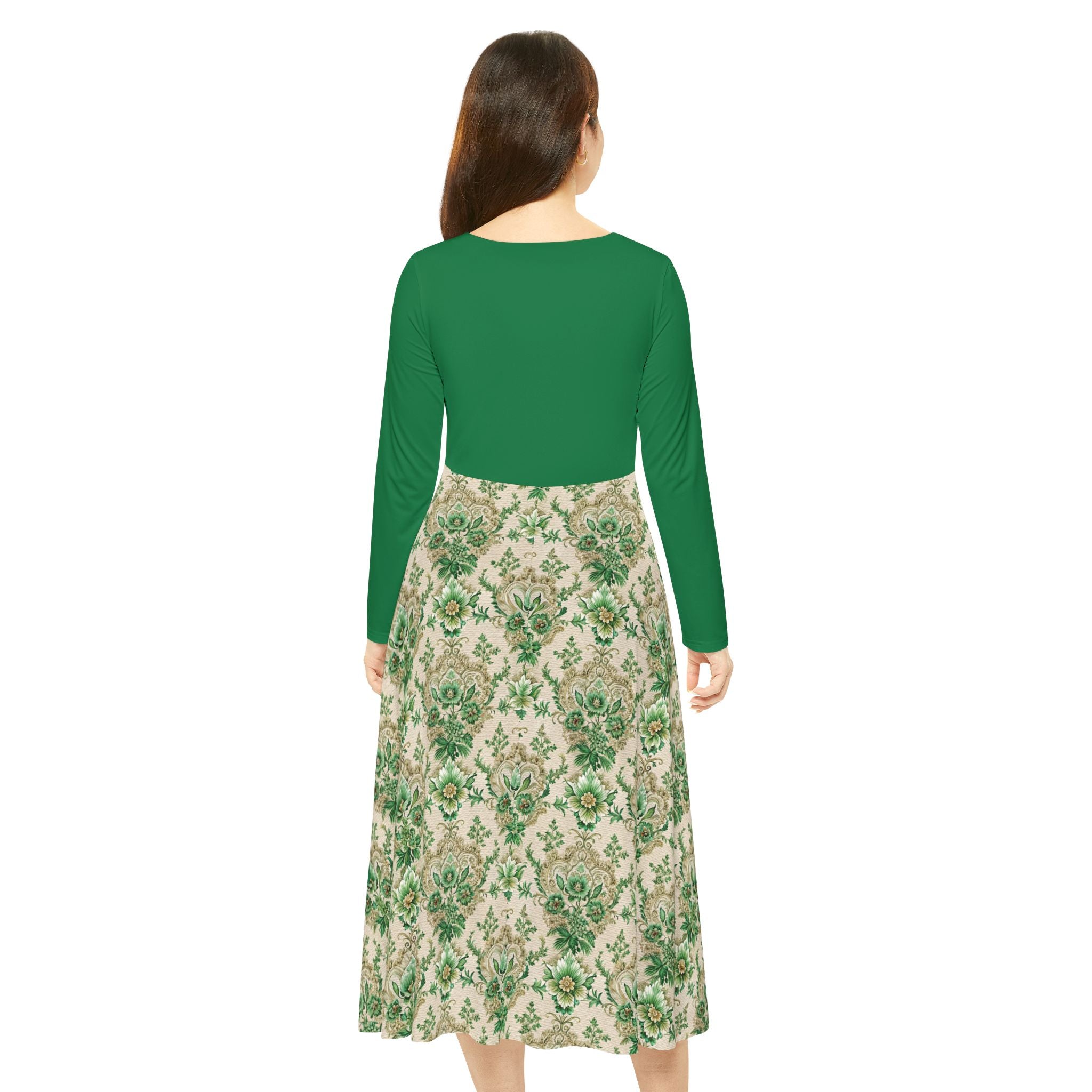 Model wearing a Green Victorian print dress on a white background