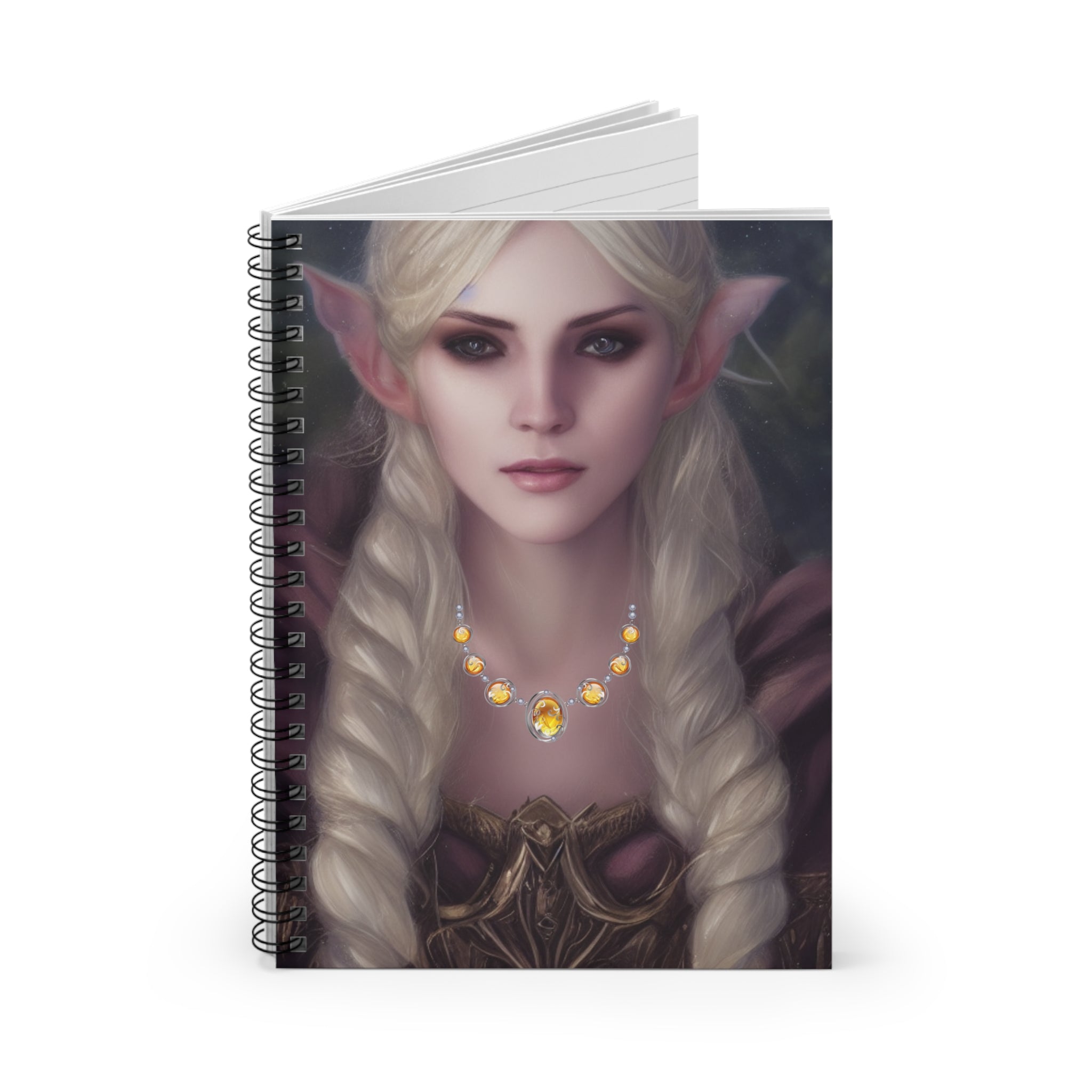 Elvish character with long blonde hair and pointed ears wearing a necklace with yellow Topaz stones.