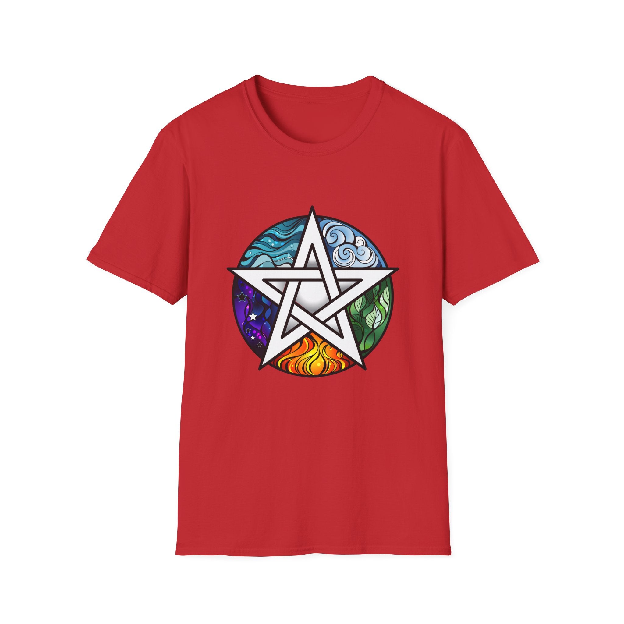 Red t-shirt with a colorful pentacle design on a white background