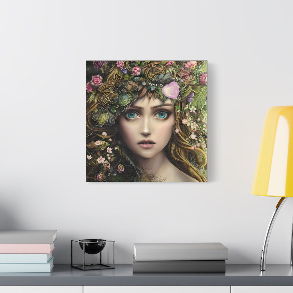 Artistic depiction of a woman's face with floral and leafy wreath on a white background