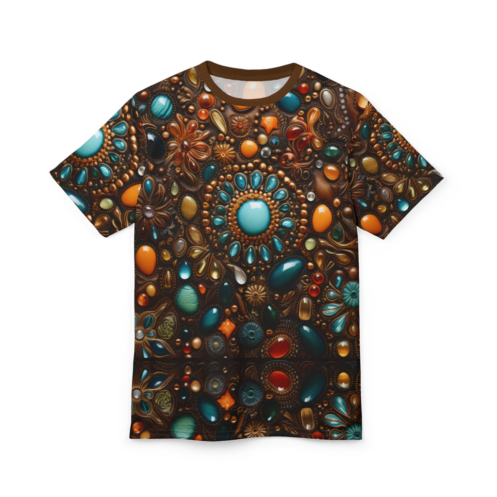 Faux jewel toned t-shirt on white background.