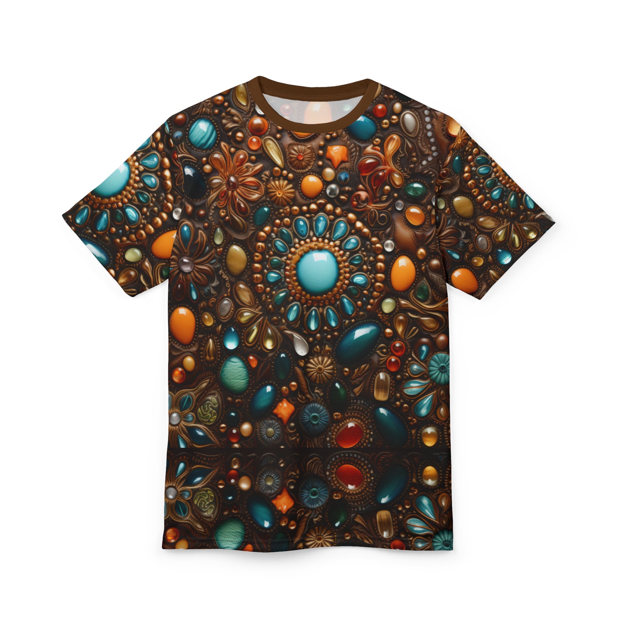 Faux jewel toned t-shirt on white background.