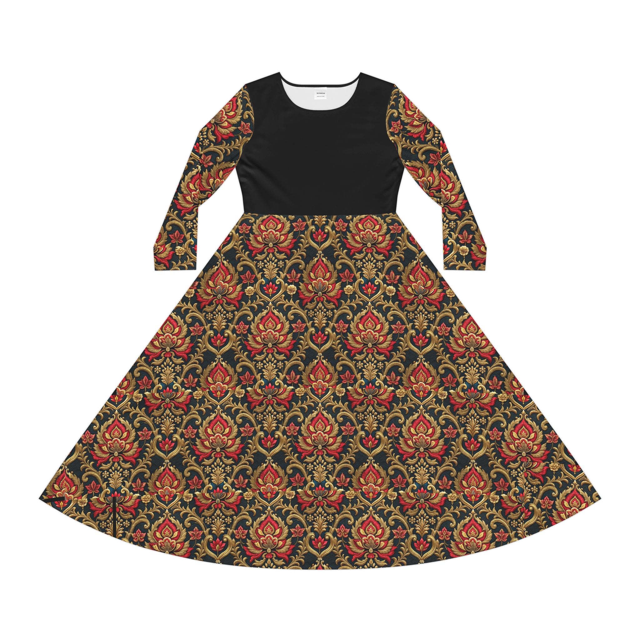 a red Victorian print dress on a white background