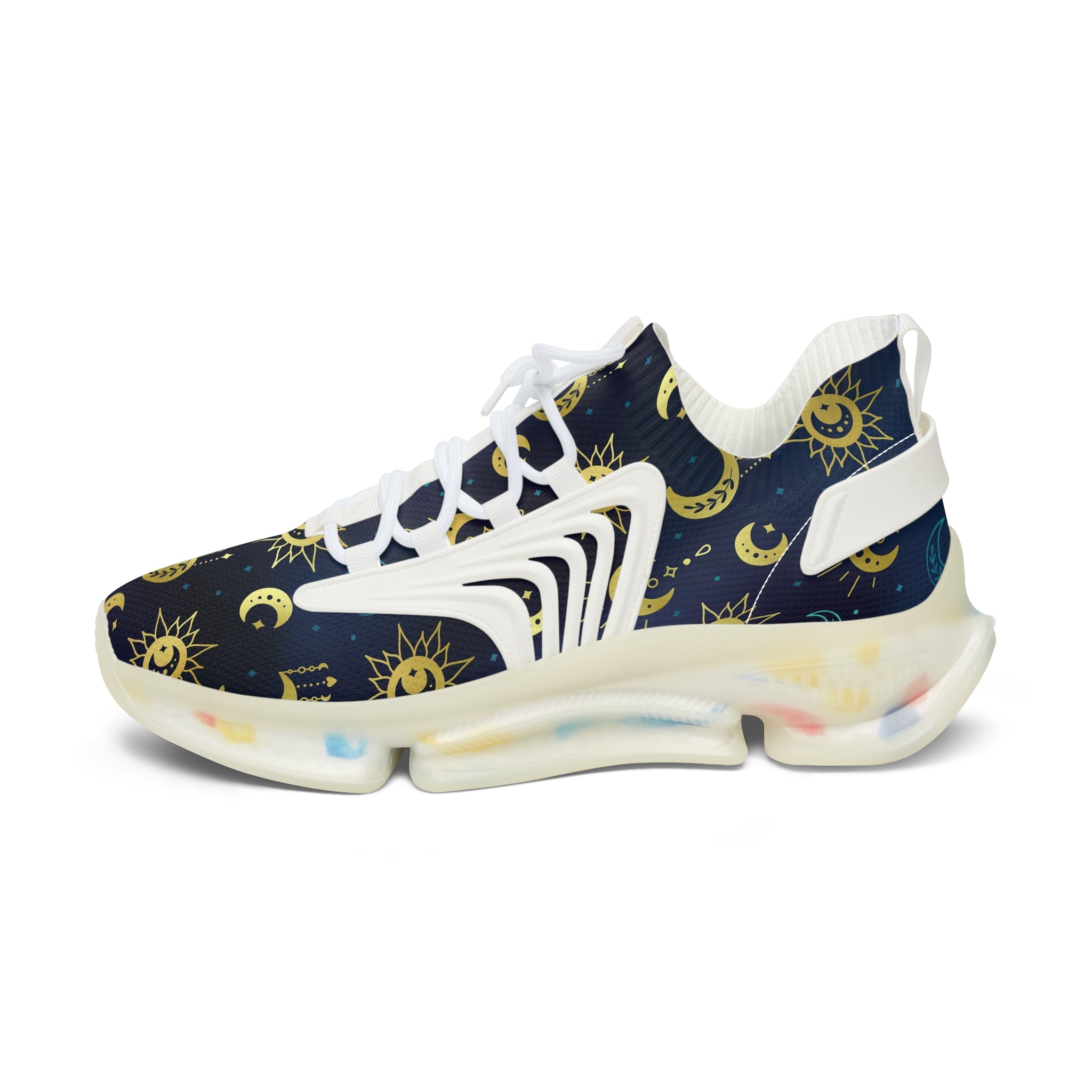 side view of mesh sneakers with celestial print