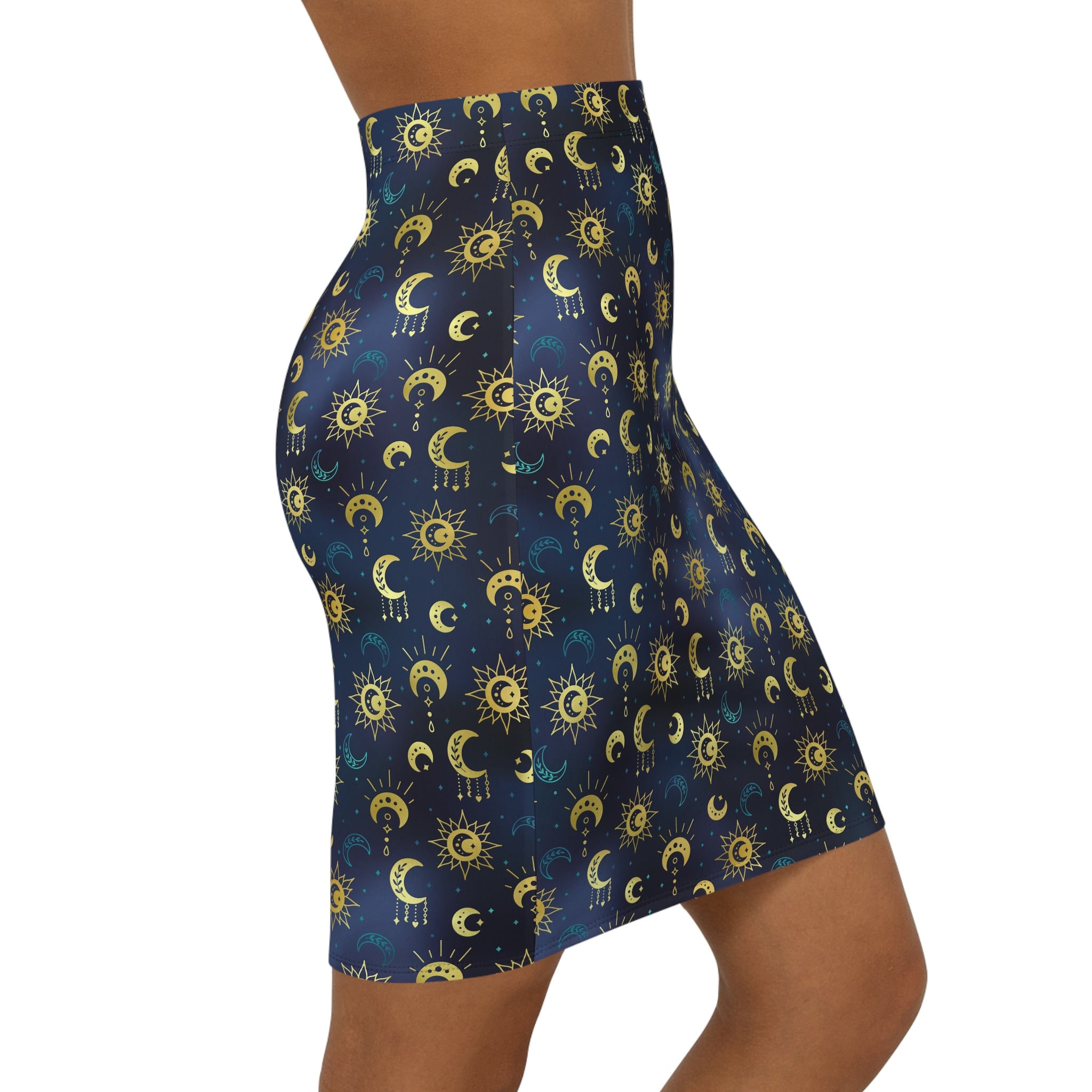 Side view of pencil skirt in celestial pattern.