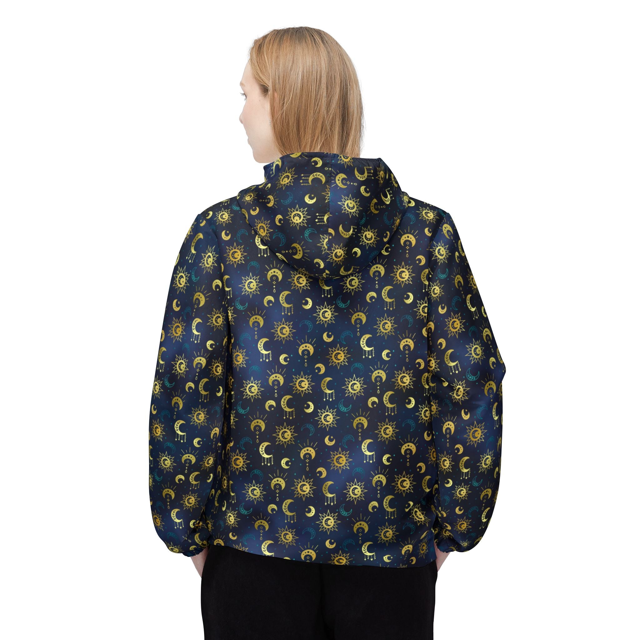 Bohemian Moon Windbreaker Jacket — Night Sky Pattern with Gold Pockets