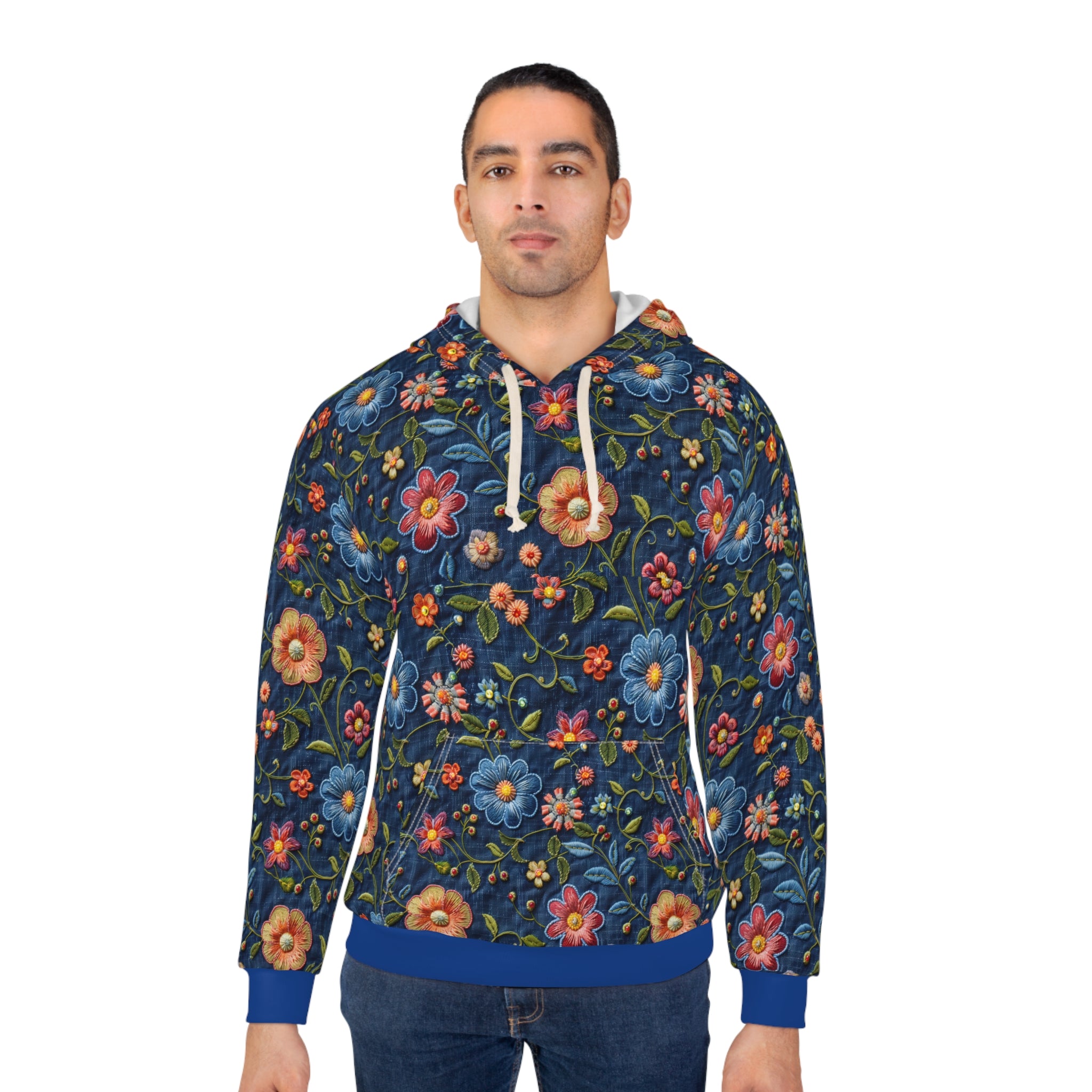 Man wearing a floral hoodie on a white background