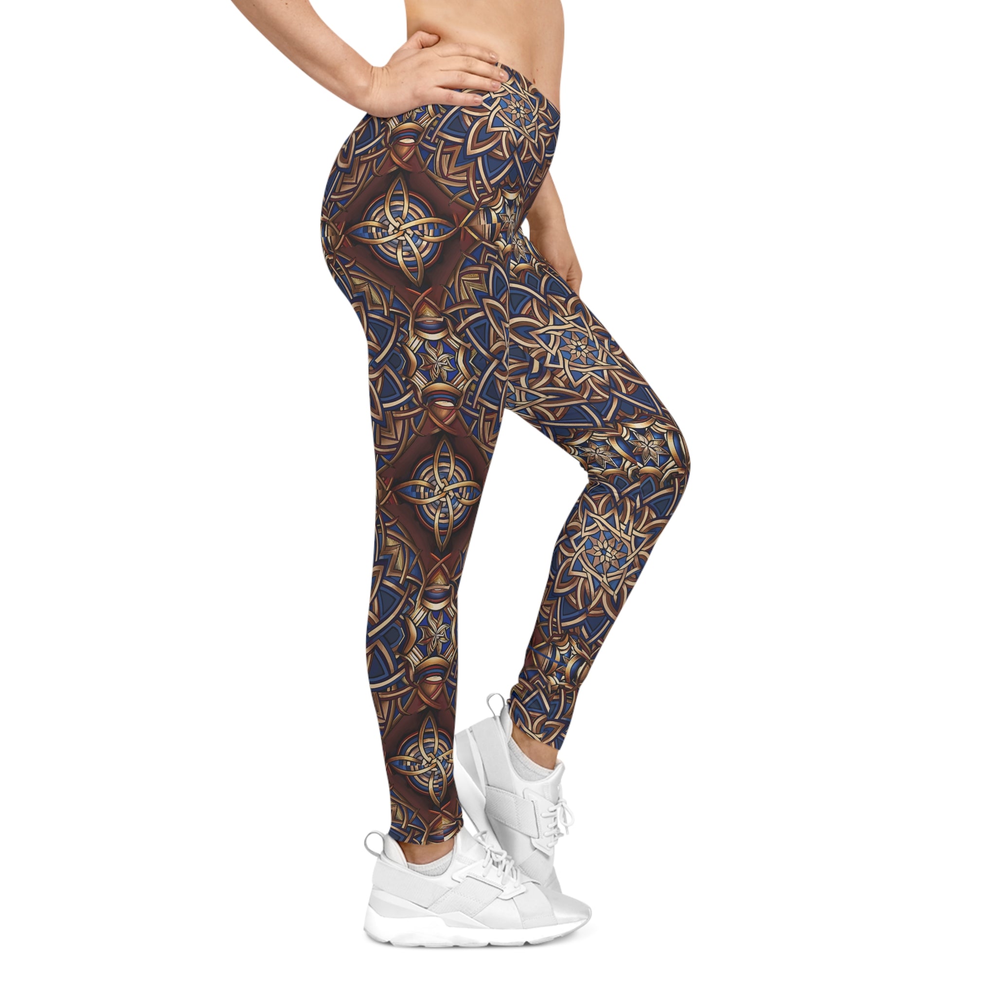 Leggings with a Celtic pattern worn by a person on a white background