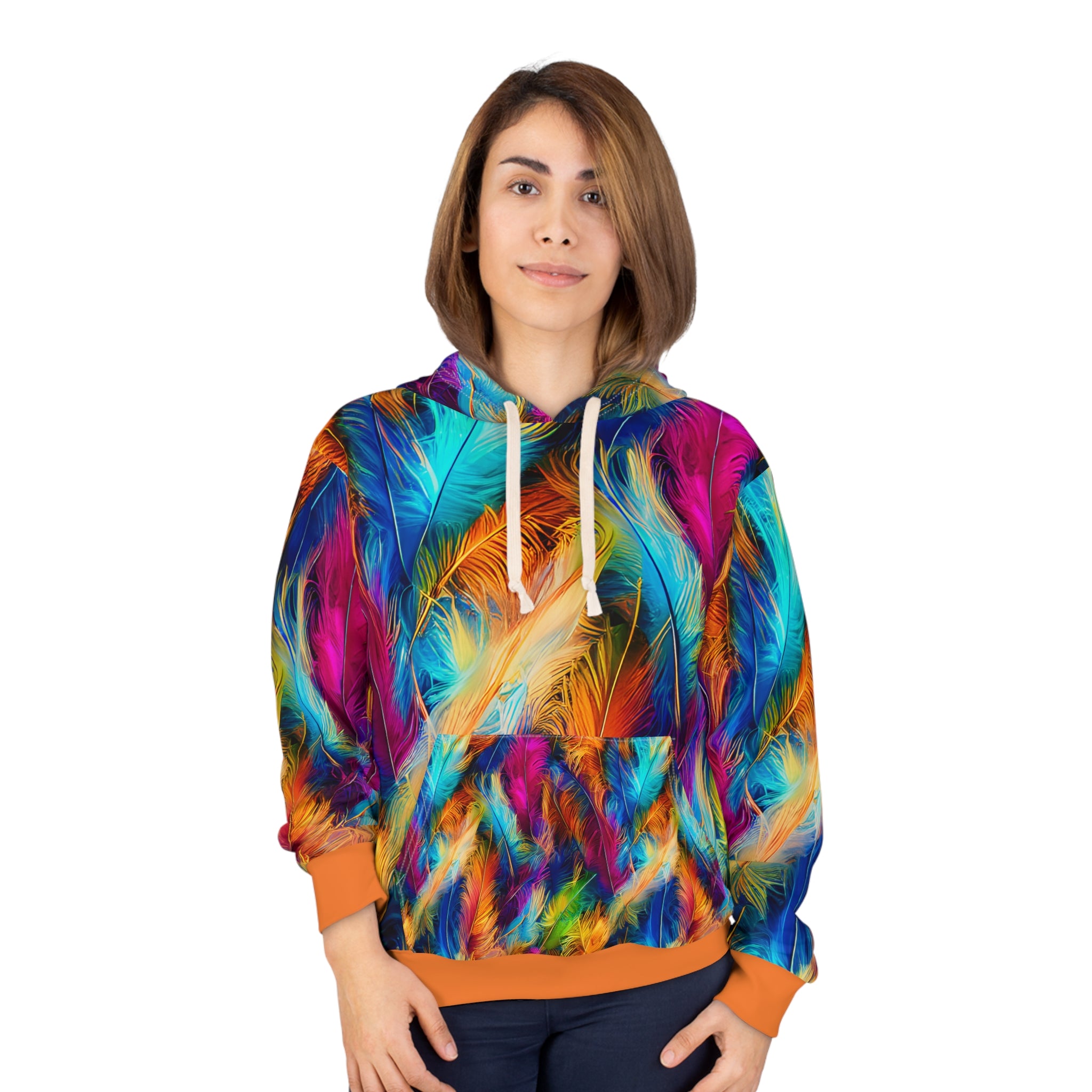Featherburst All-Over Print Hoodie — Vibrant Multicolor Feather Design