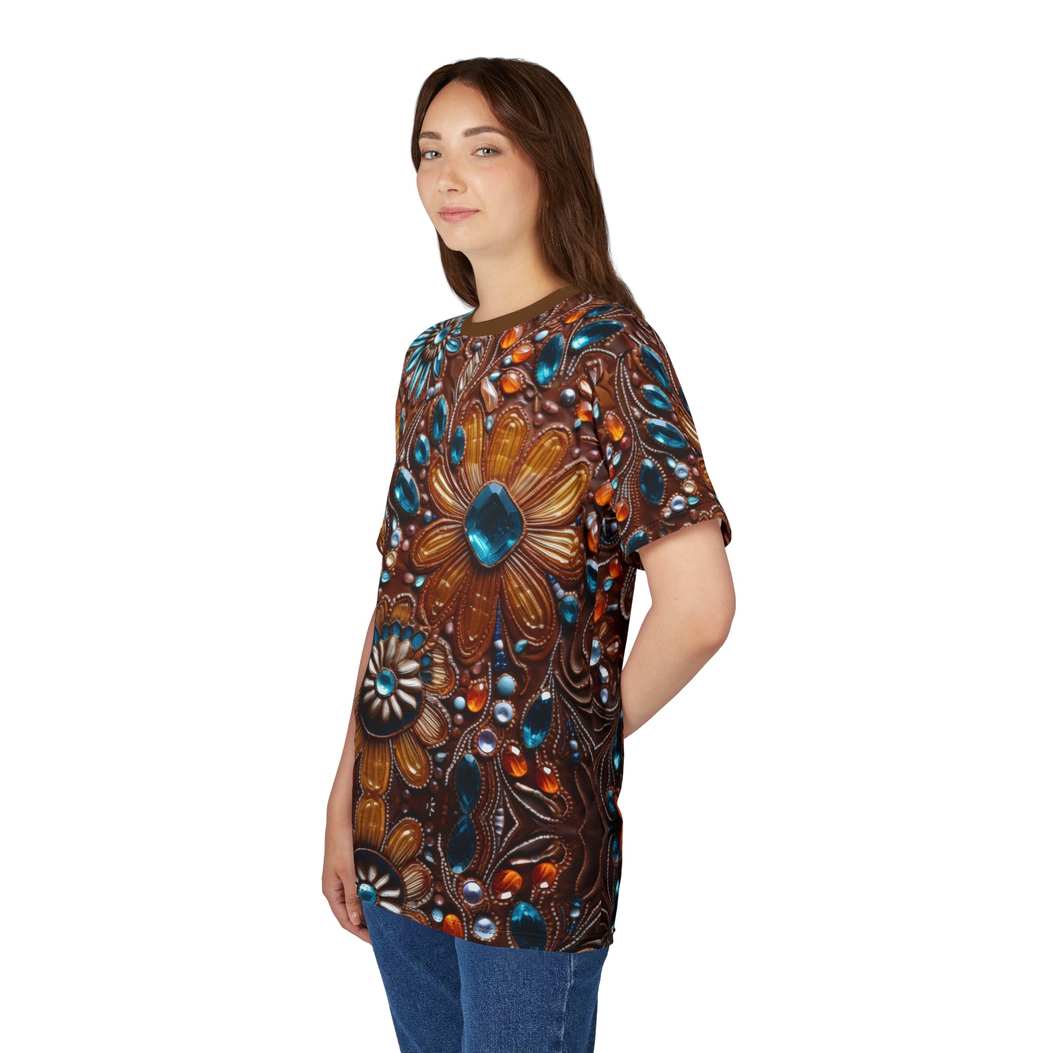 Model wearing a faux jewel toned t-shirt on white background.