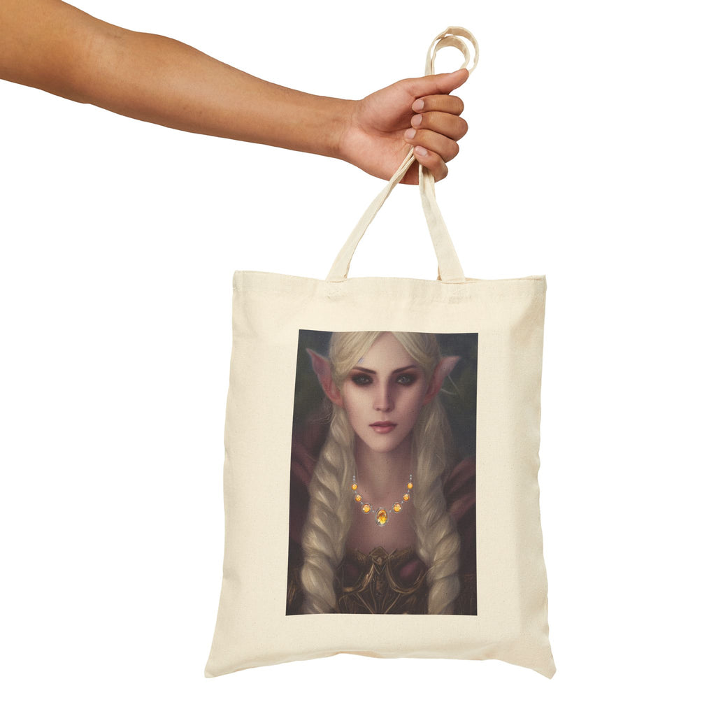 Tote Bag with a Elvish character with long blonde hair and pointed ears wearing a necklace with yellow Topaz stones.