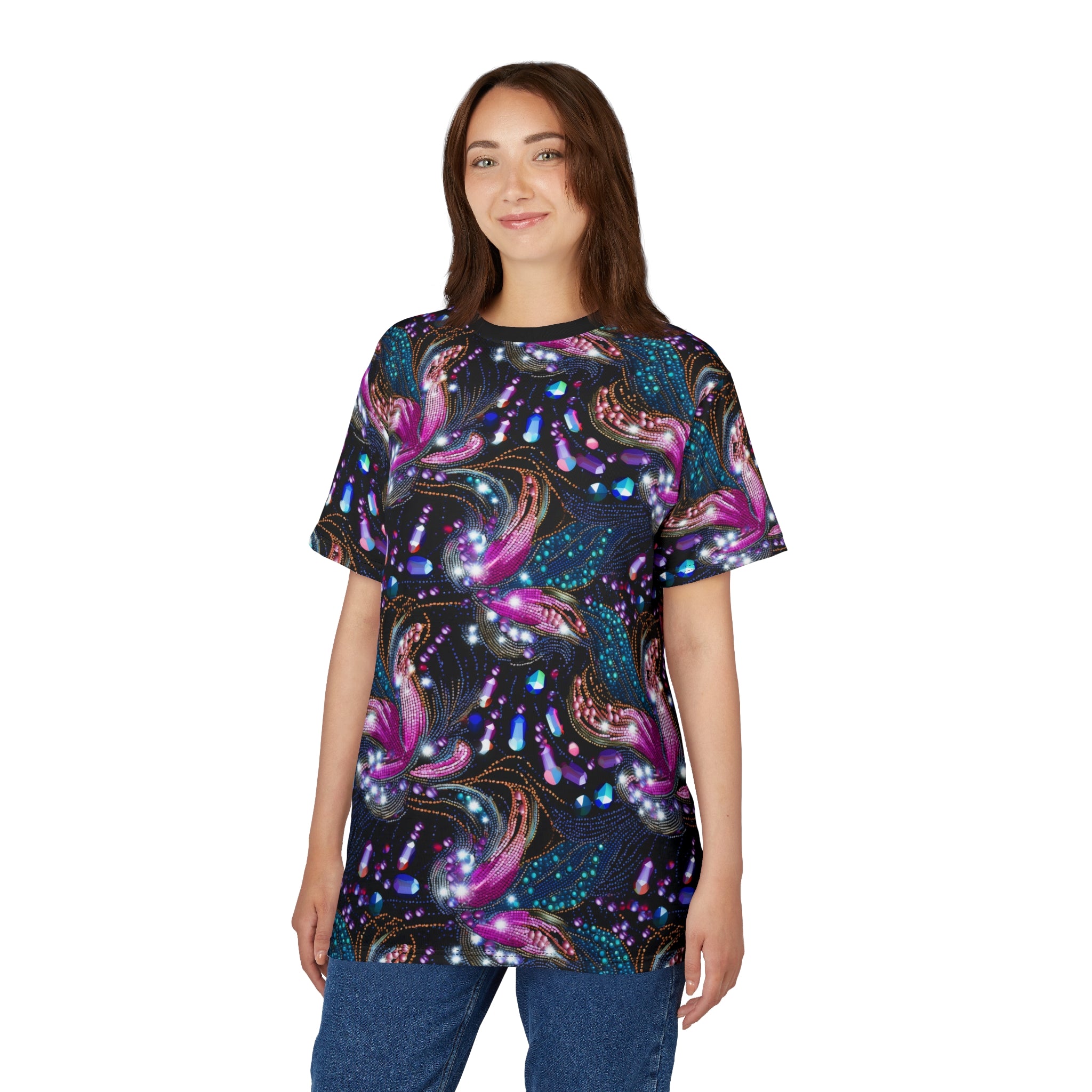 Woman wearing a colorful abstract patterned shirt on a white background