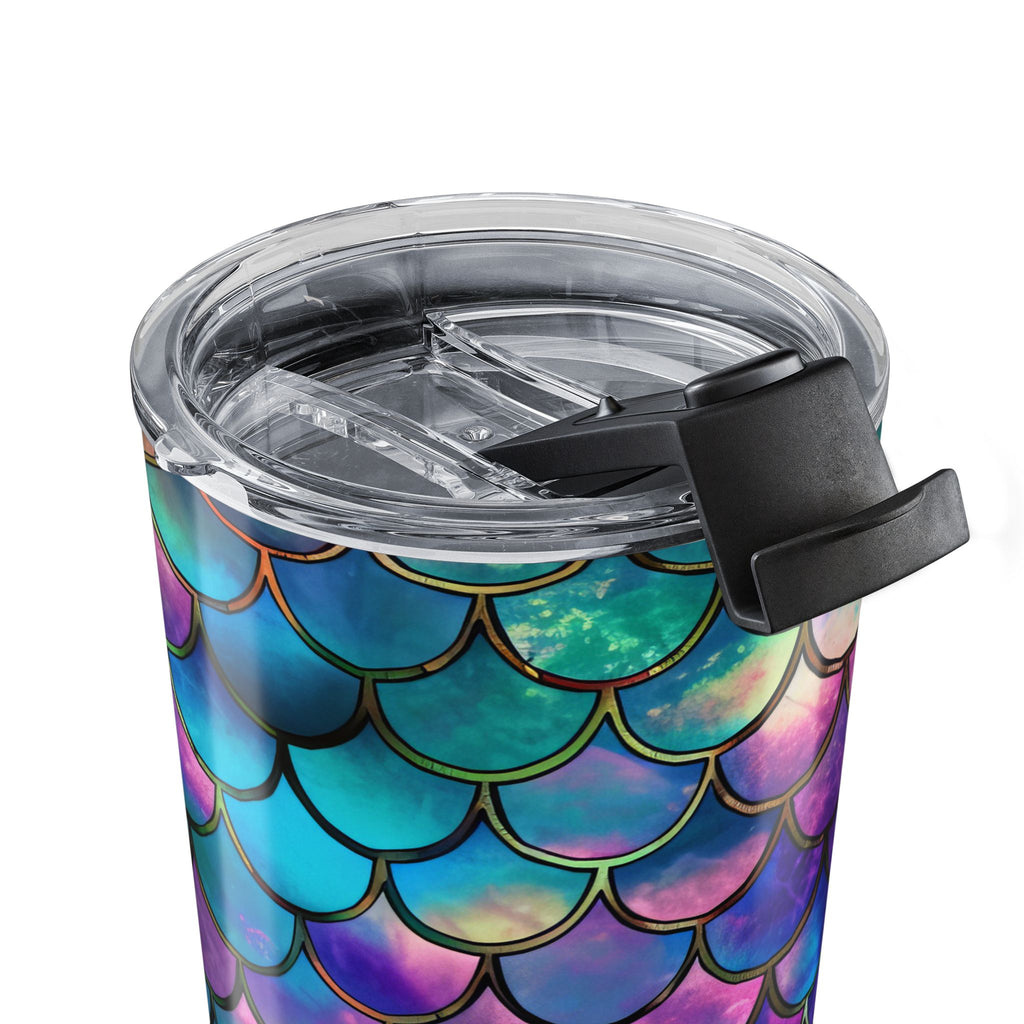 Close up of lid n a Tumbler with mermaid scale pattern