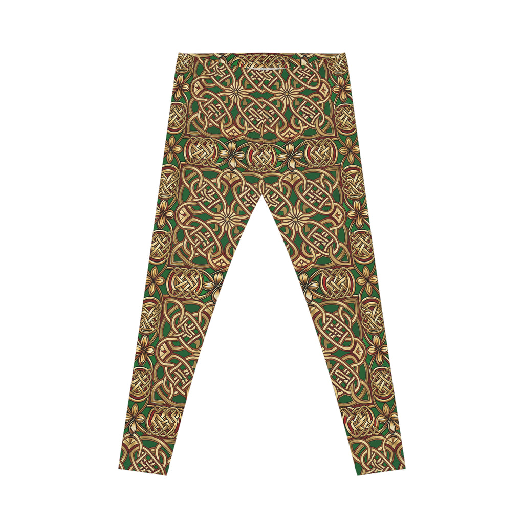 Green and gold Celtic leggings on a white background