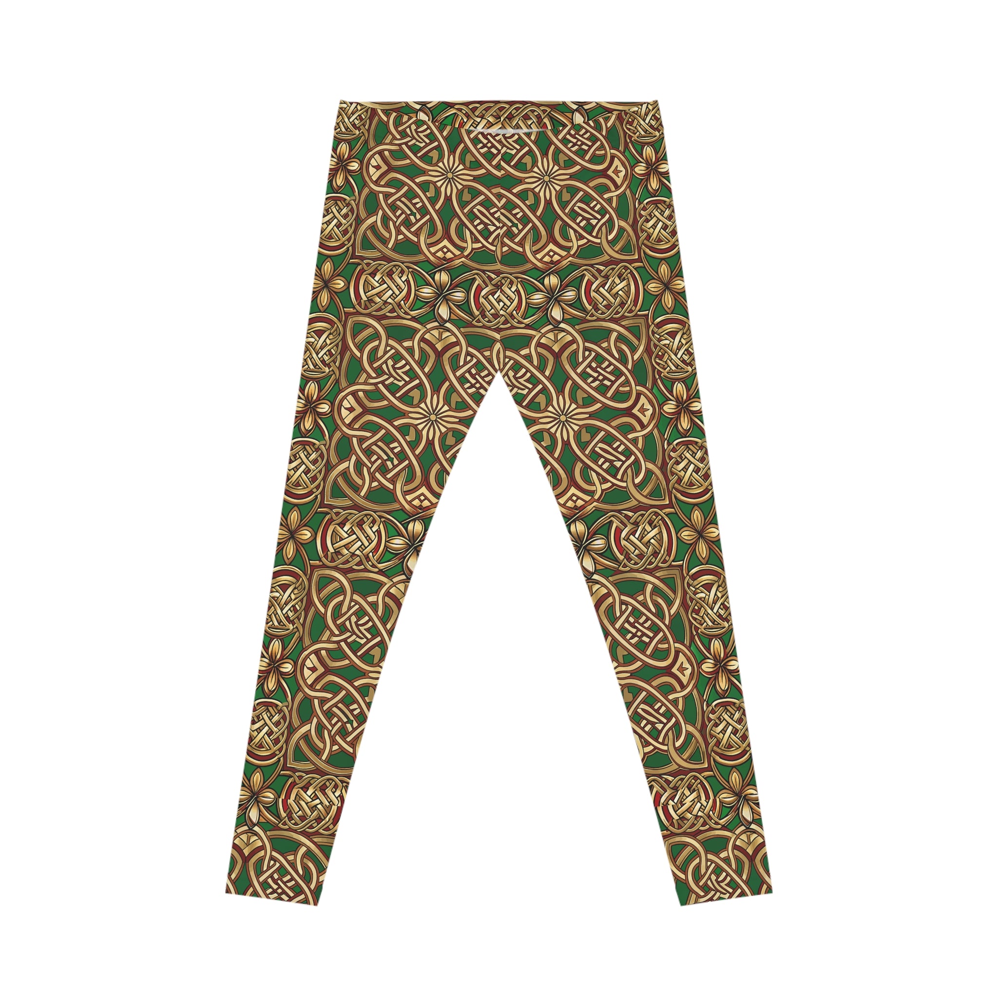 Green and gold Celtic leggings on a white background