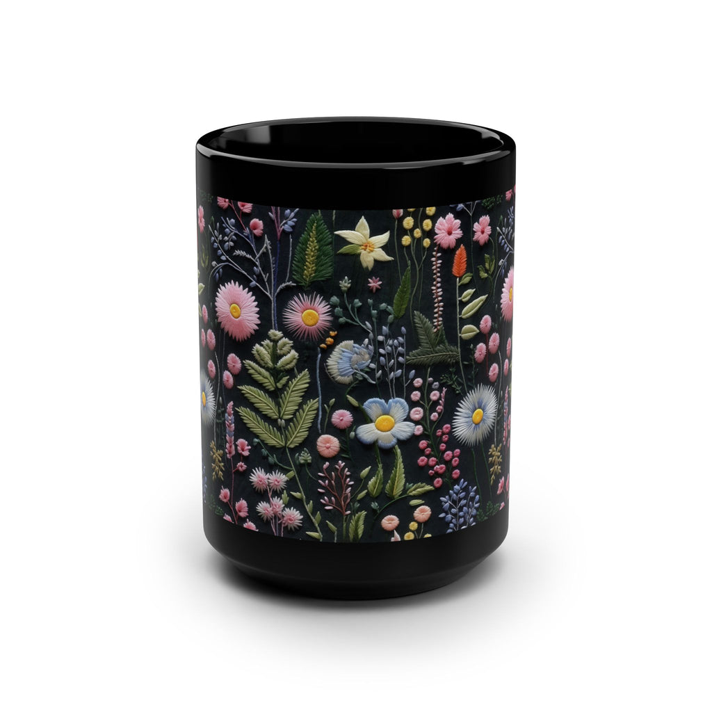 Black mug with floral embroidery look design on a white background