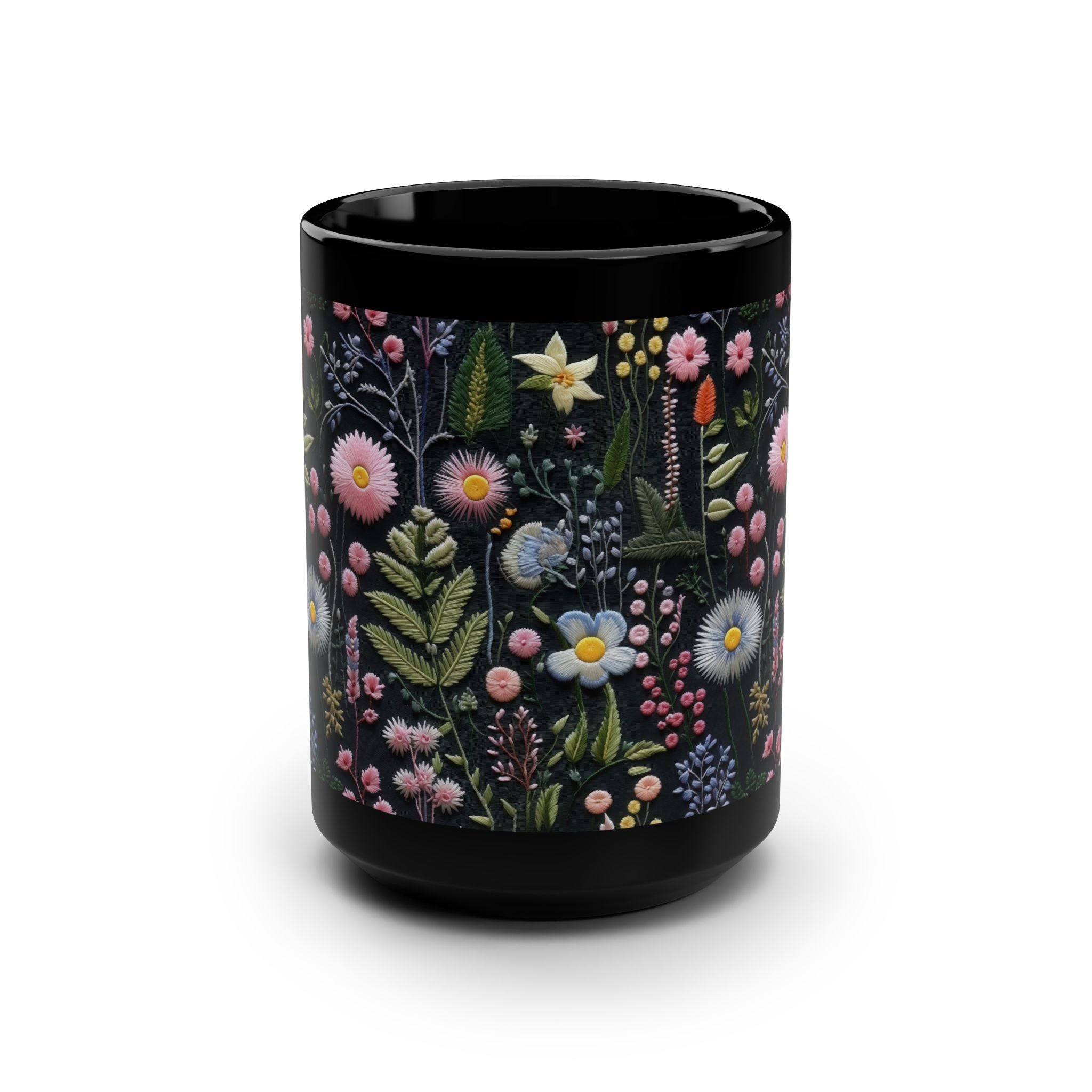 Black Floral Pattern Mug — 15 oz Botanical Coffee Cup