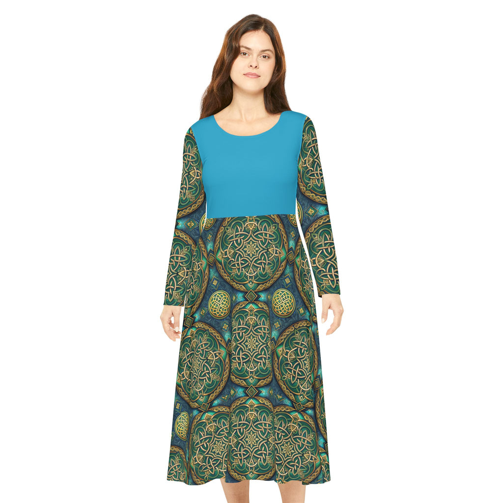 Woman wearing a blue top and patterned skirt on a white background