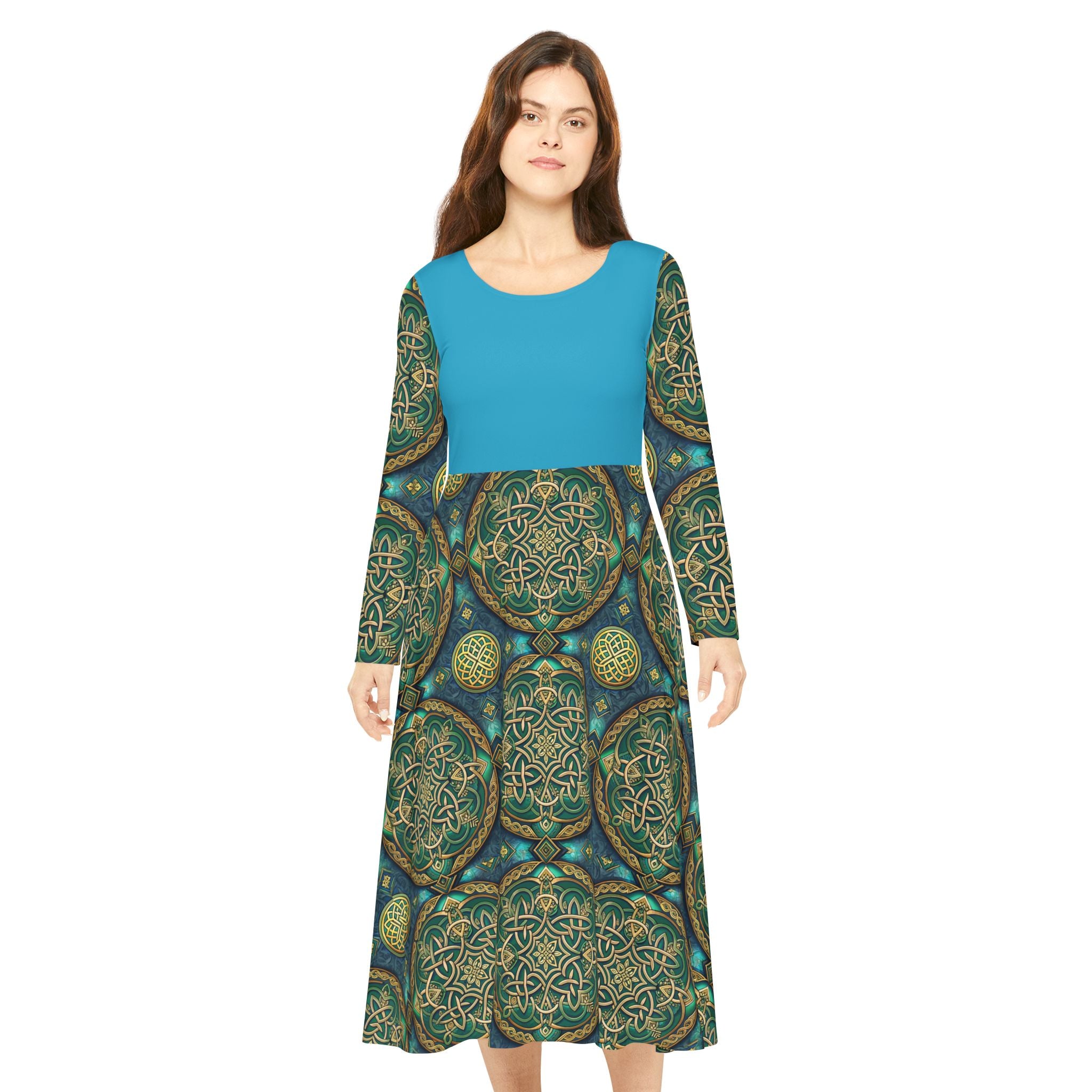 Woman wearing a blue top and patterned skirt on a white background