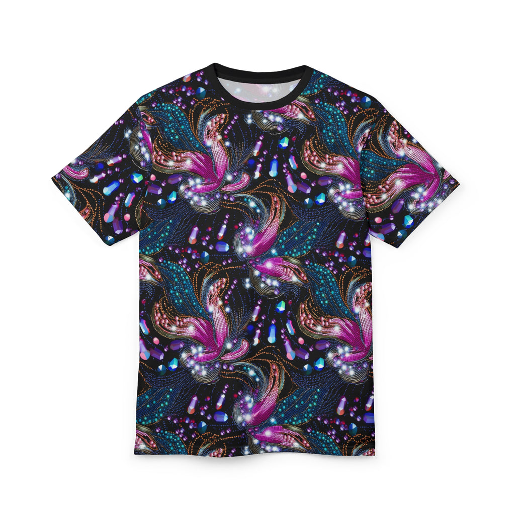 T-shirt with a colorful abstract design on a white background