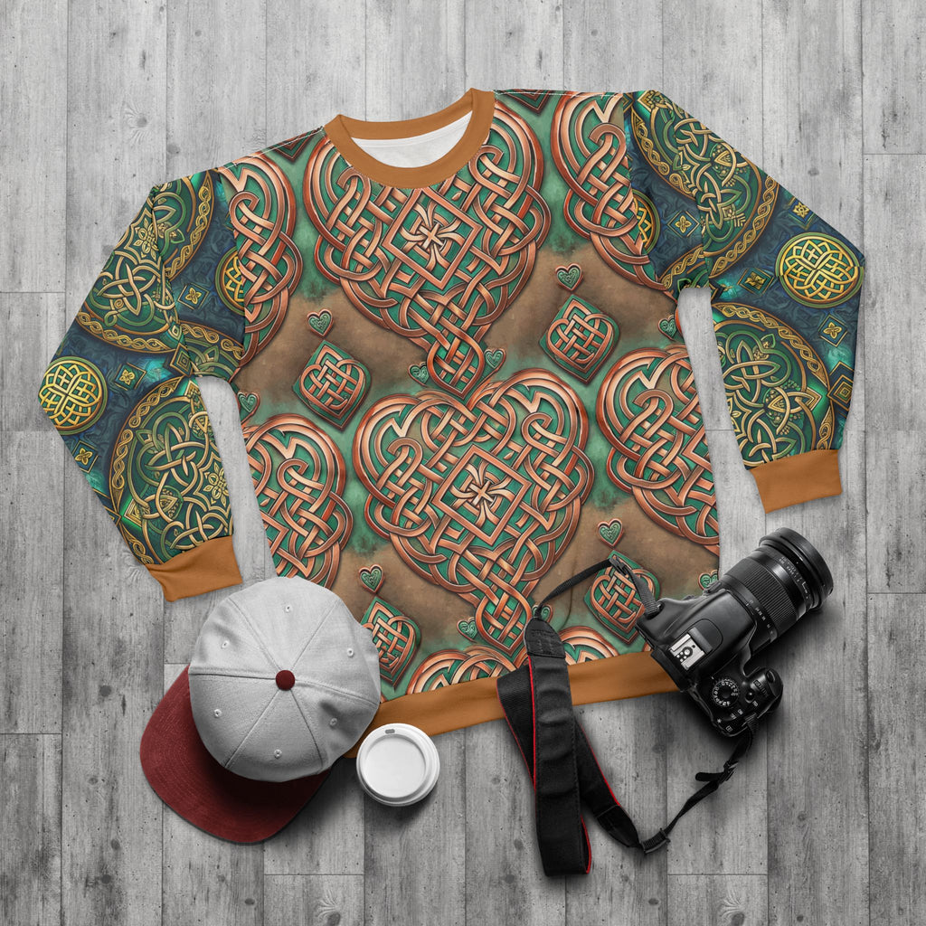 Sweatshirt with Celtic knot pattern on a wooden surface with a camera, cap, and bottle.