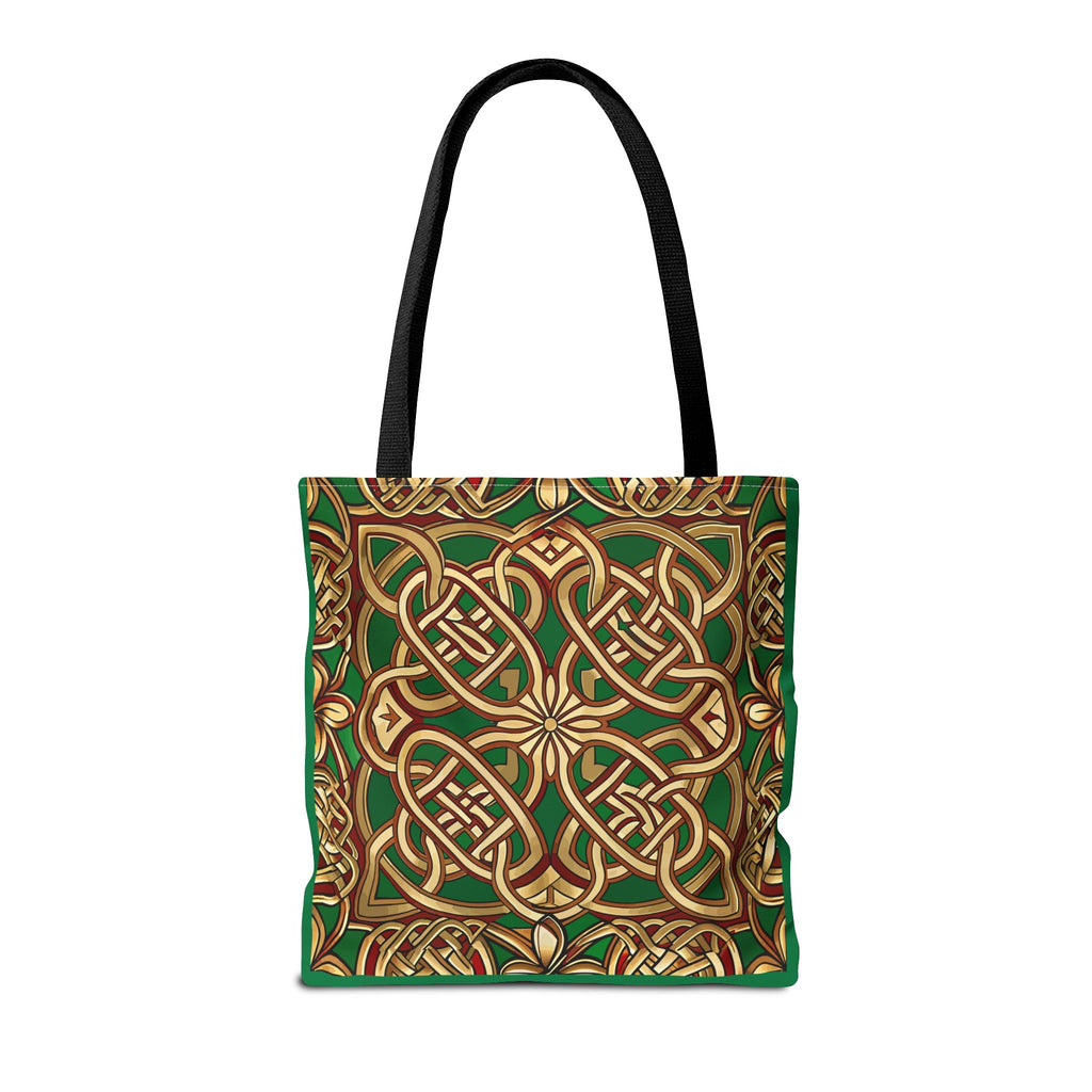 Tote bag with Celtic knot design in gold on a green background