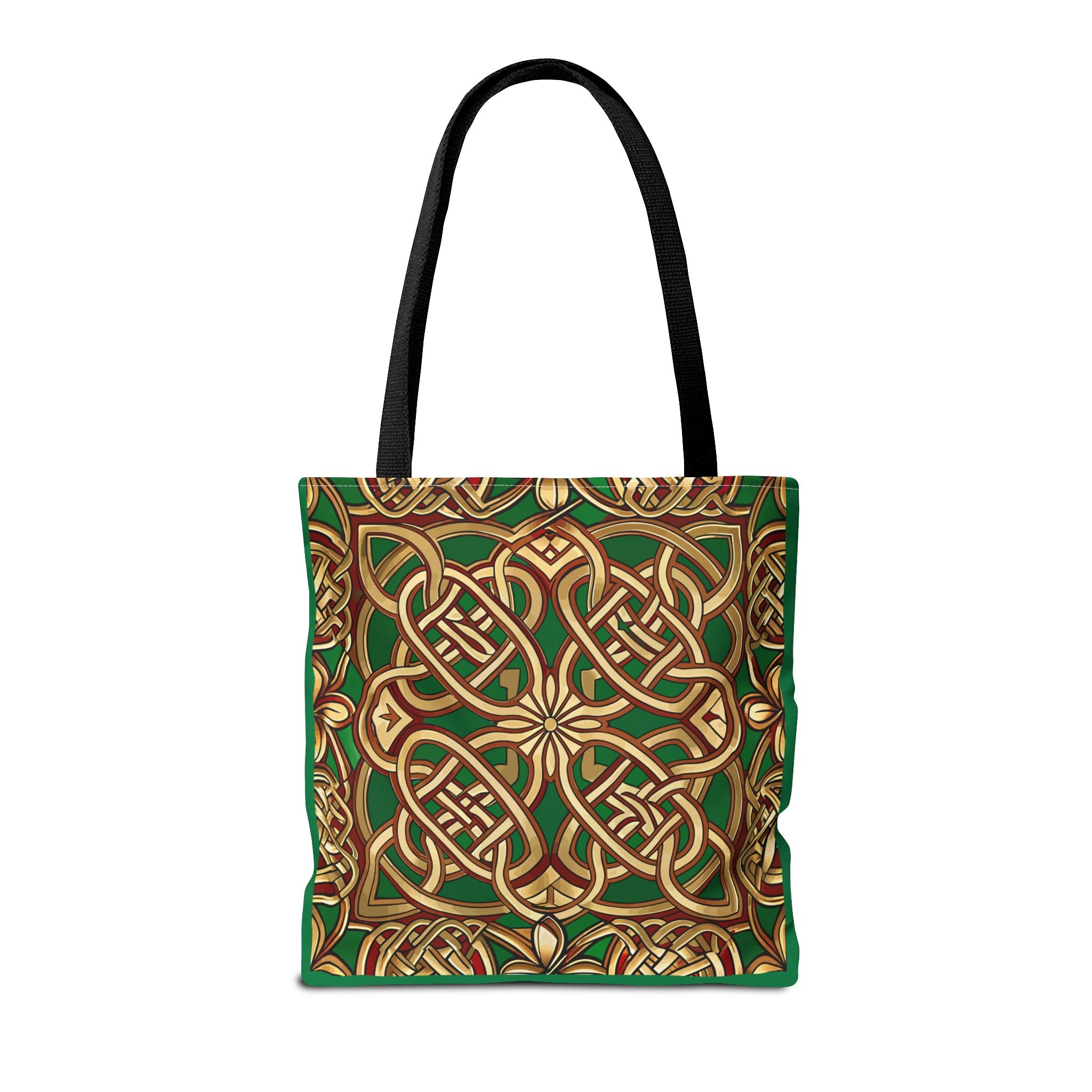 Tote bag with Celtic knot design in gold on a green background