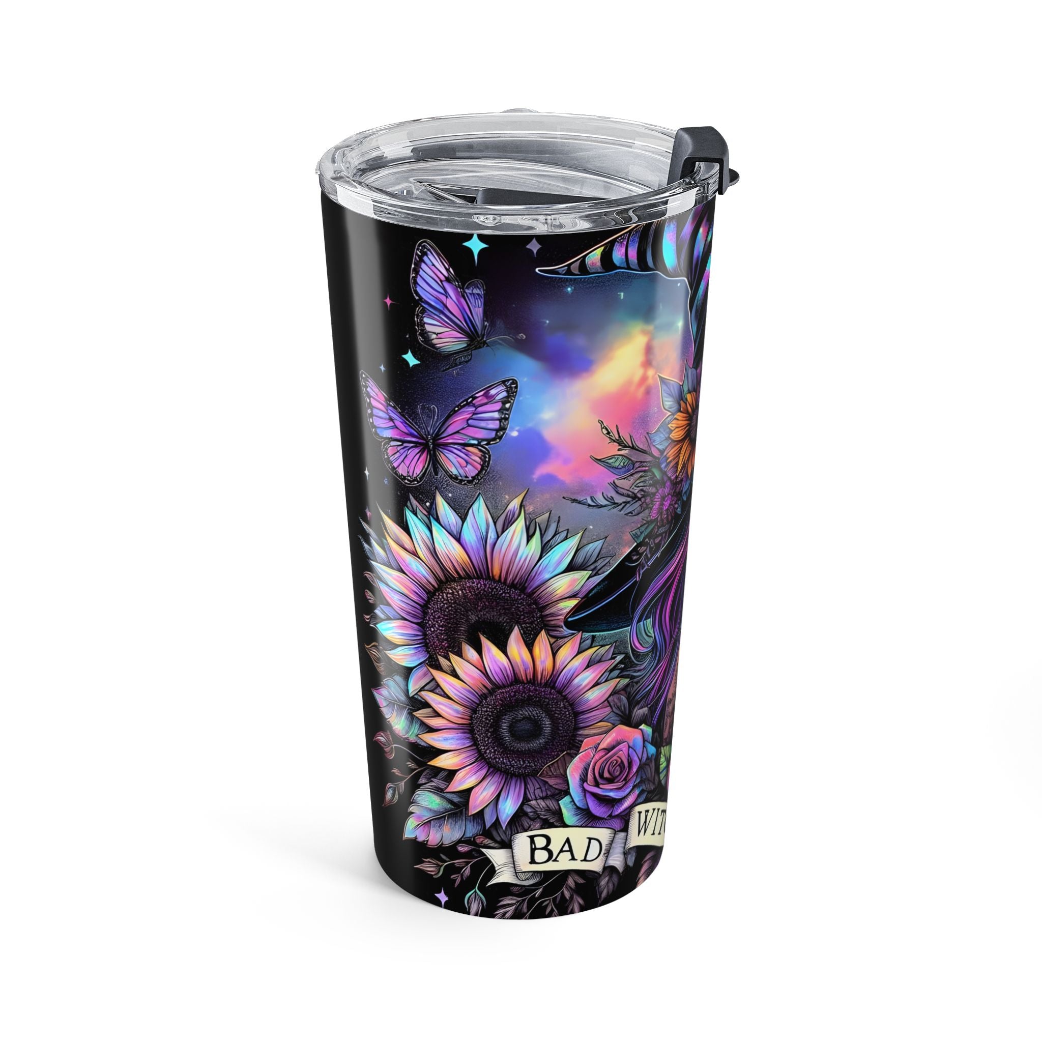 Tumbler with a witch design featuring flowers on a black background