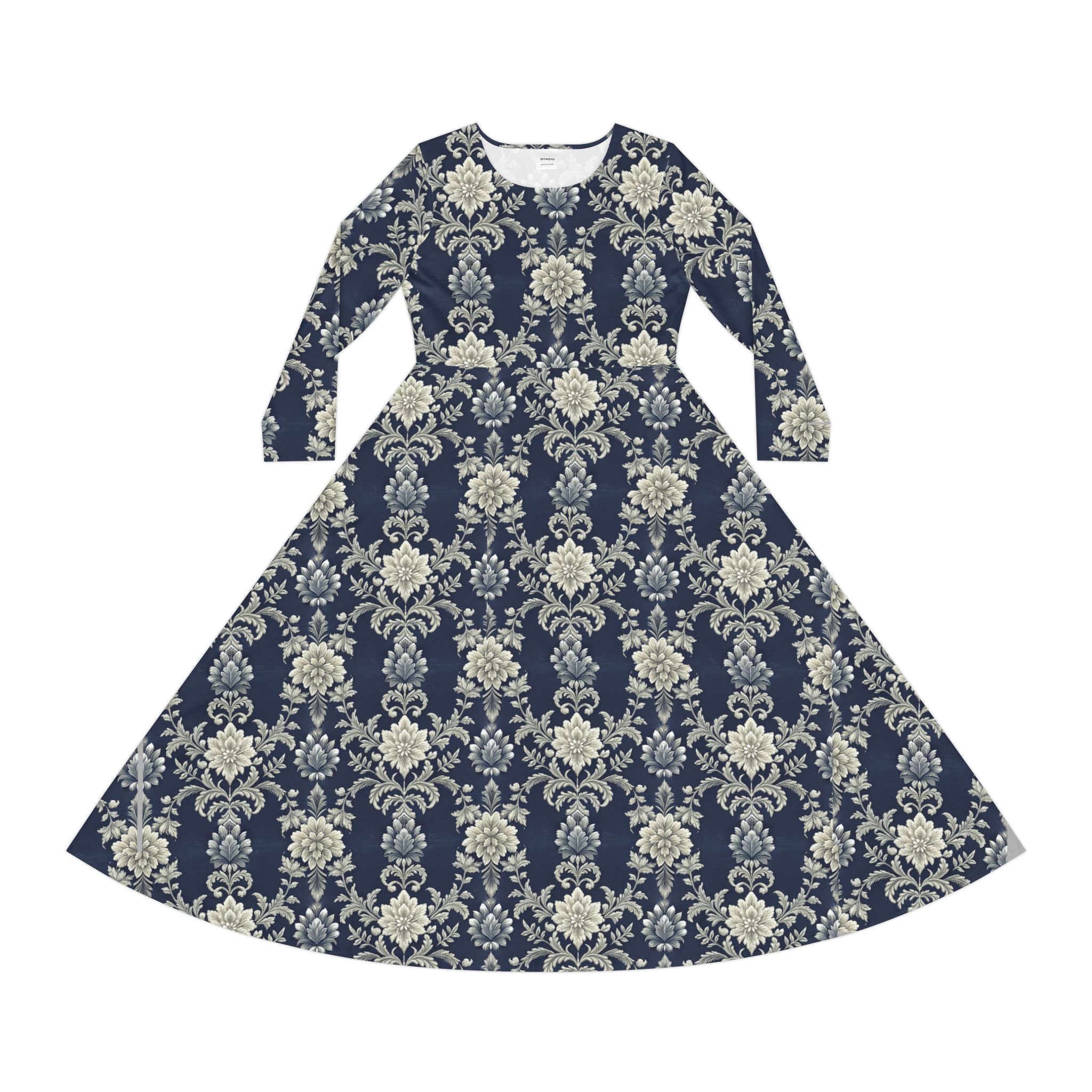 Blue Victorian print dress on a white background