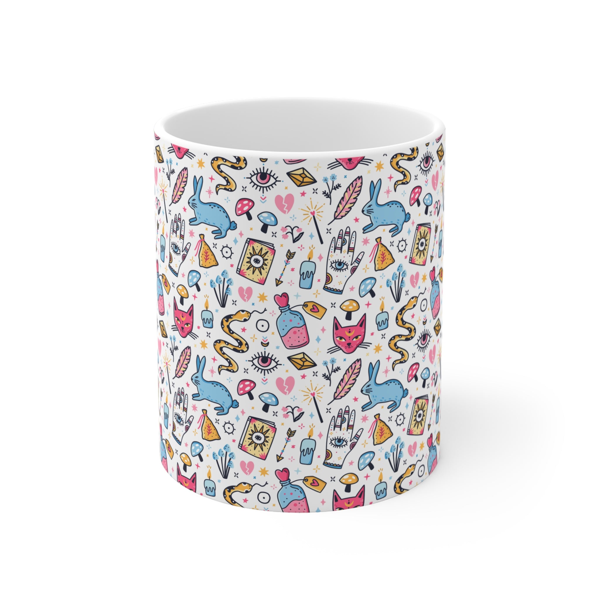 White mug with colorful magic elements on a white background