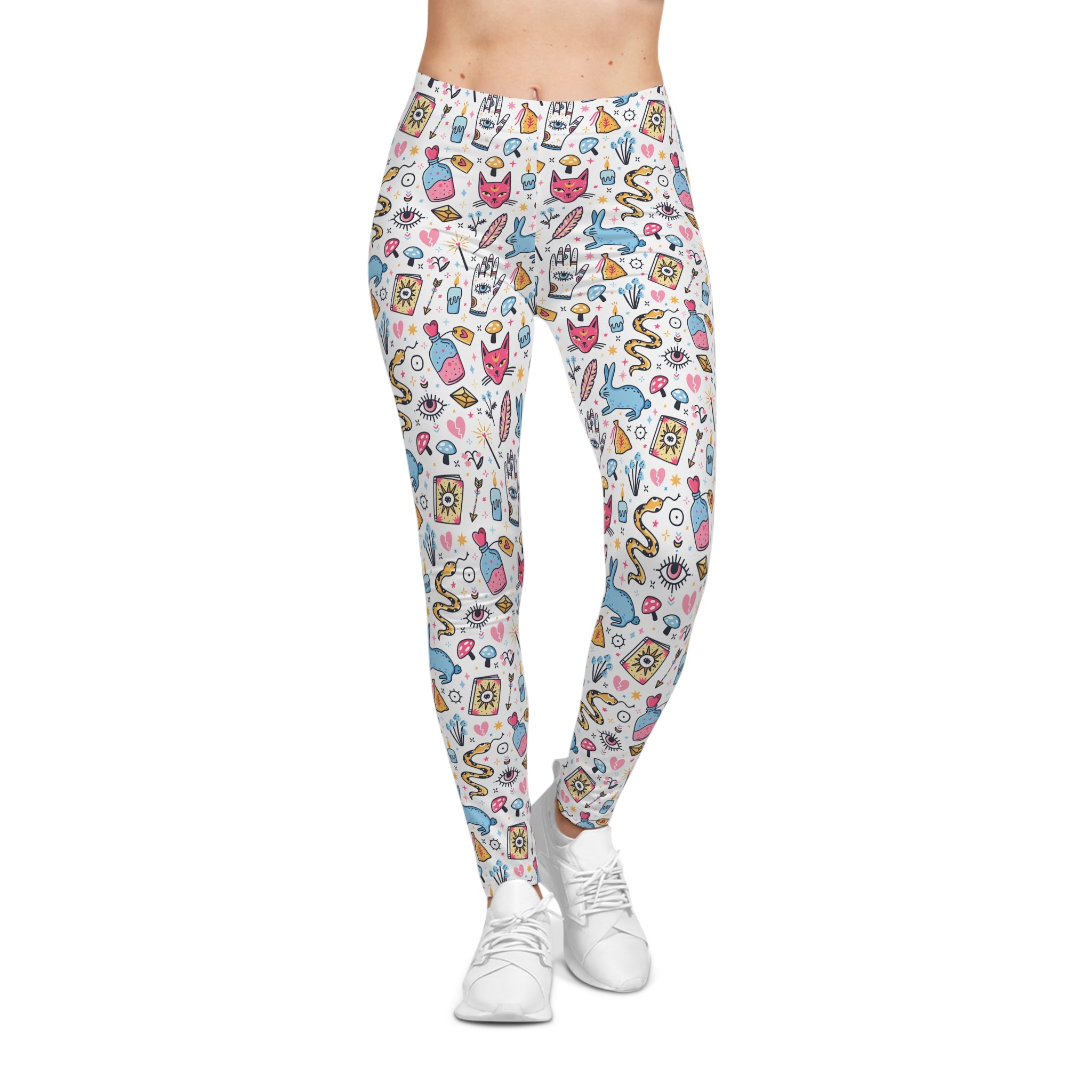Colorful patterned leggings worn by a person on a white background