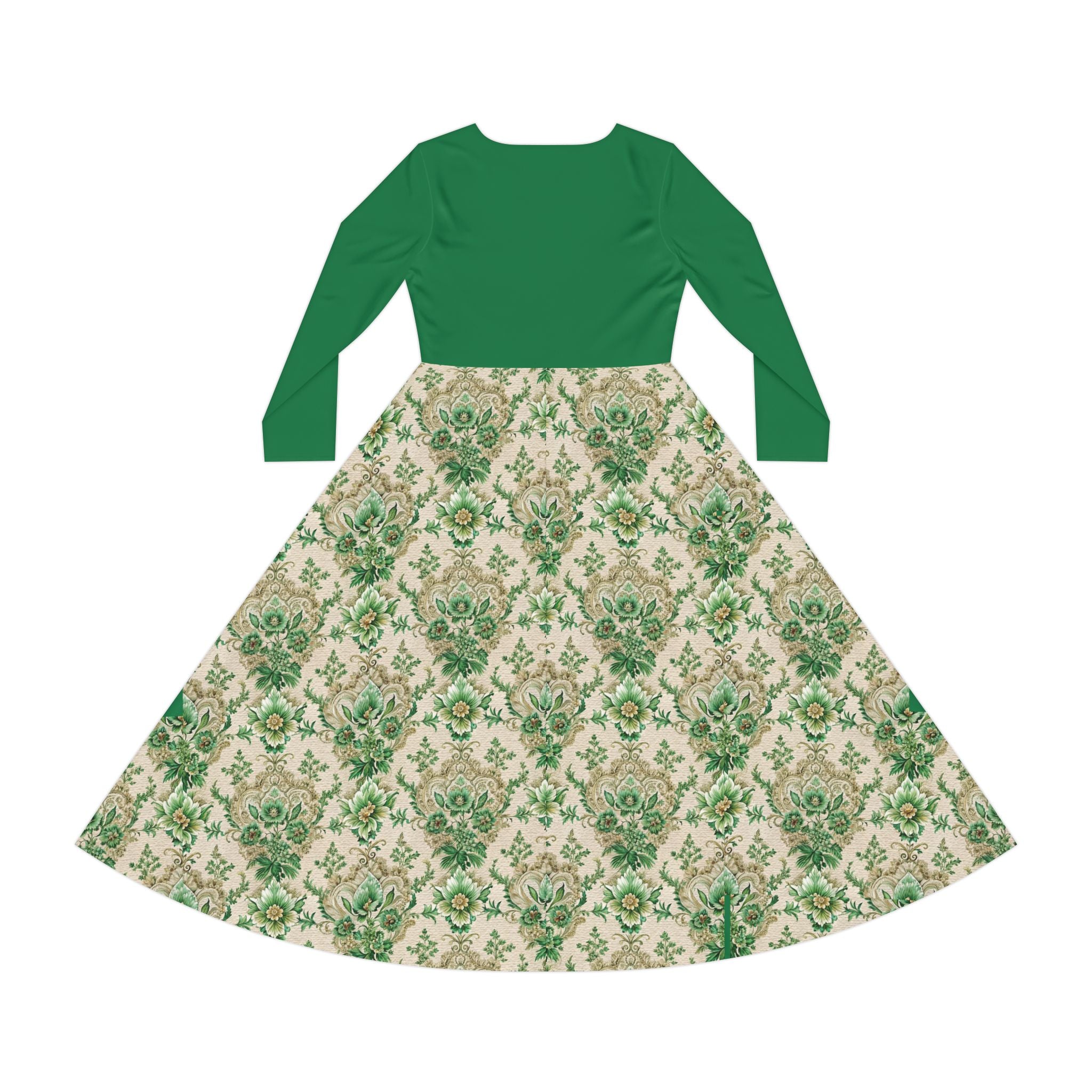 Green Victorian print dress on a white background