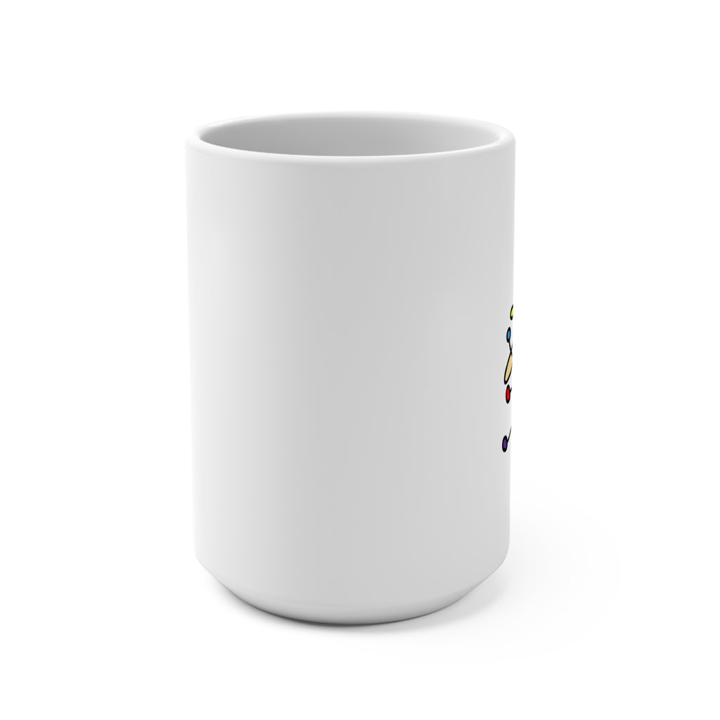 White mug with colorful design on a white background