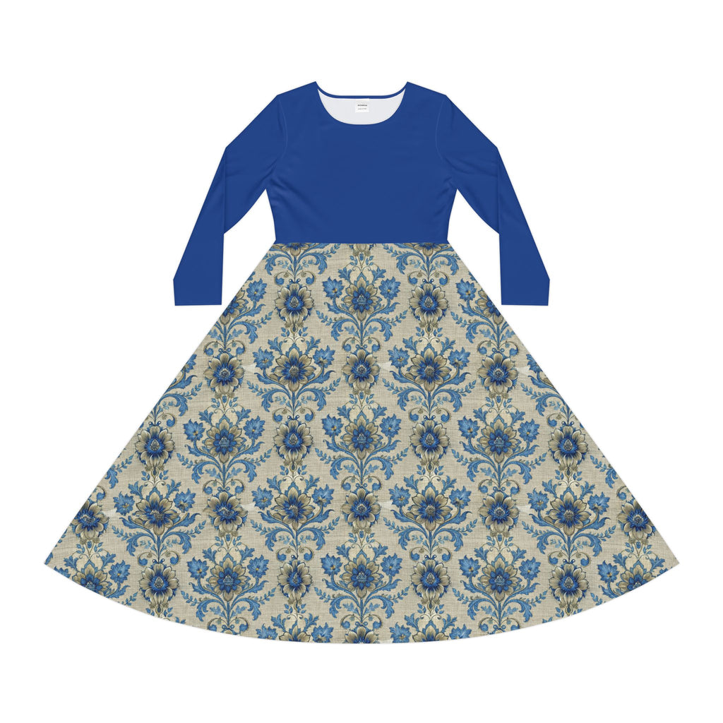 Blue Victorian print dress on a white background