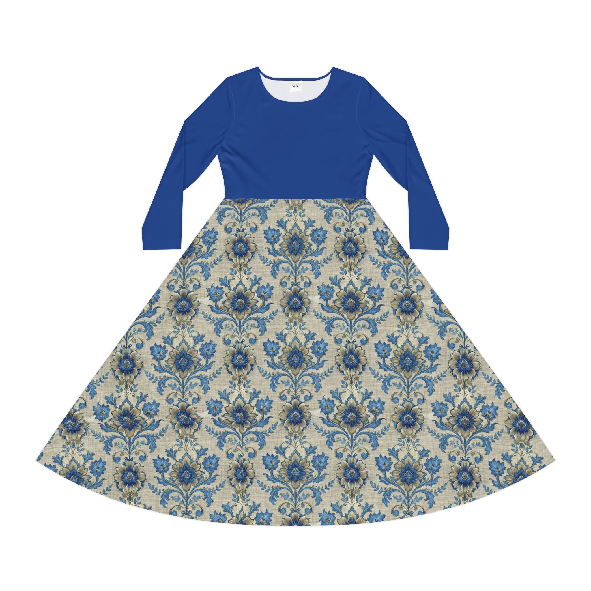 Blue Embroidered Look Damask Dress — Long Sleeve Patterned Dress