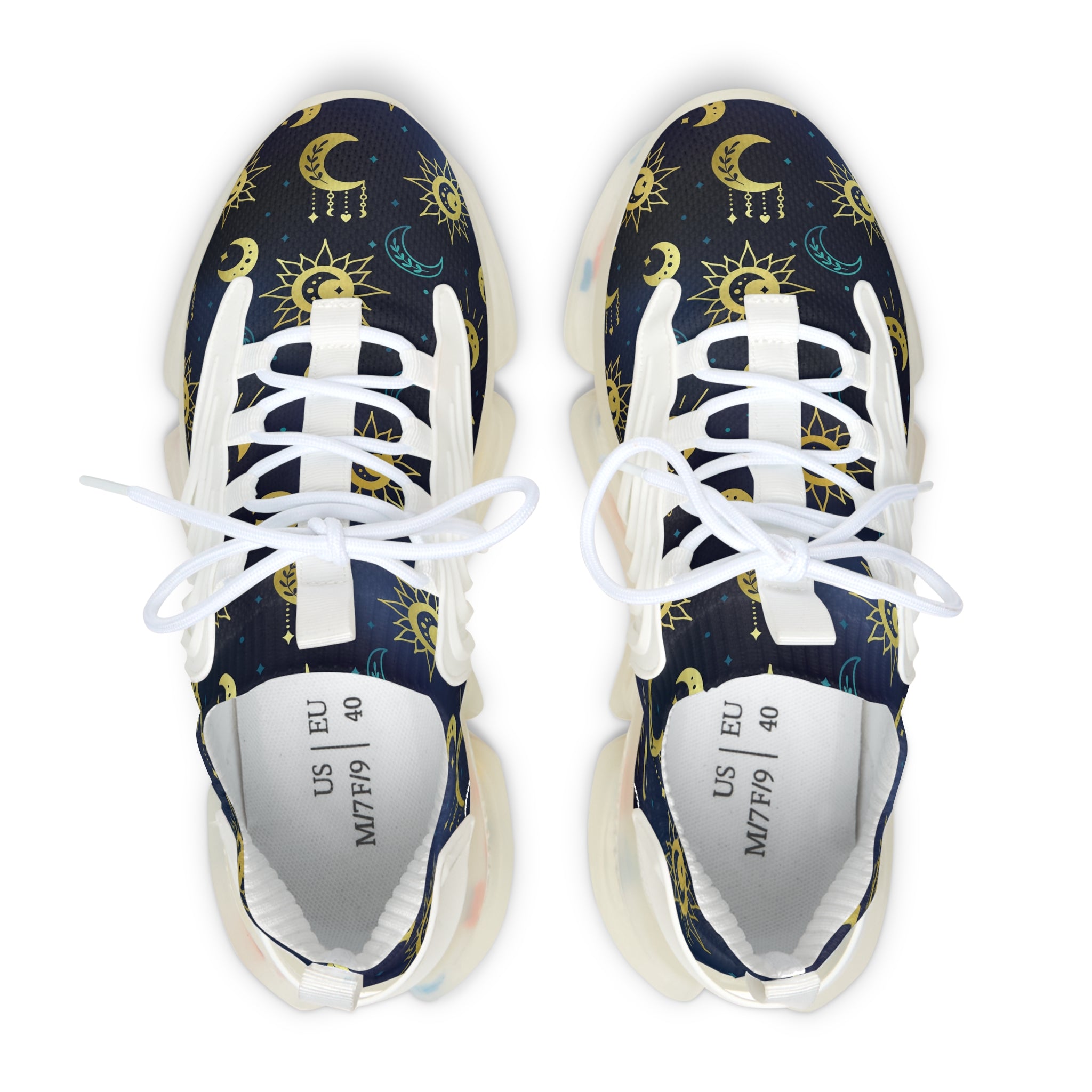 rop view of mesh sneakers with celestial print