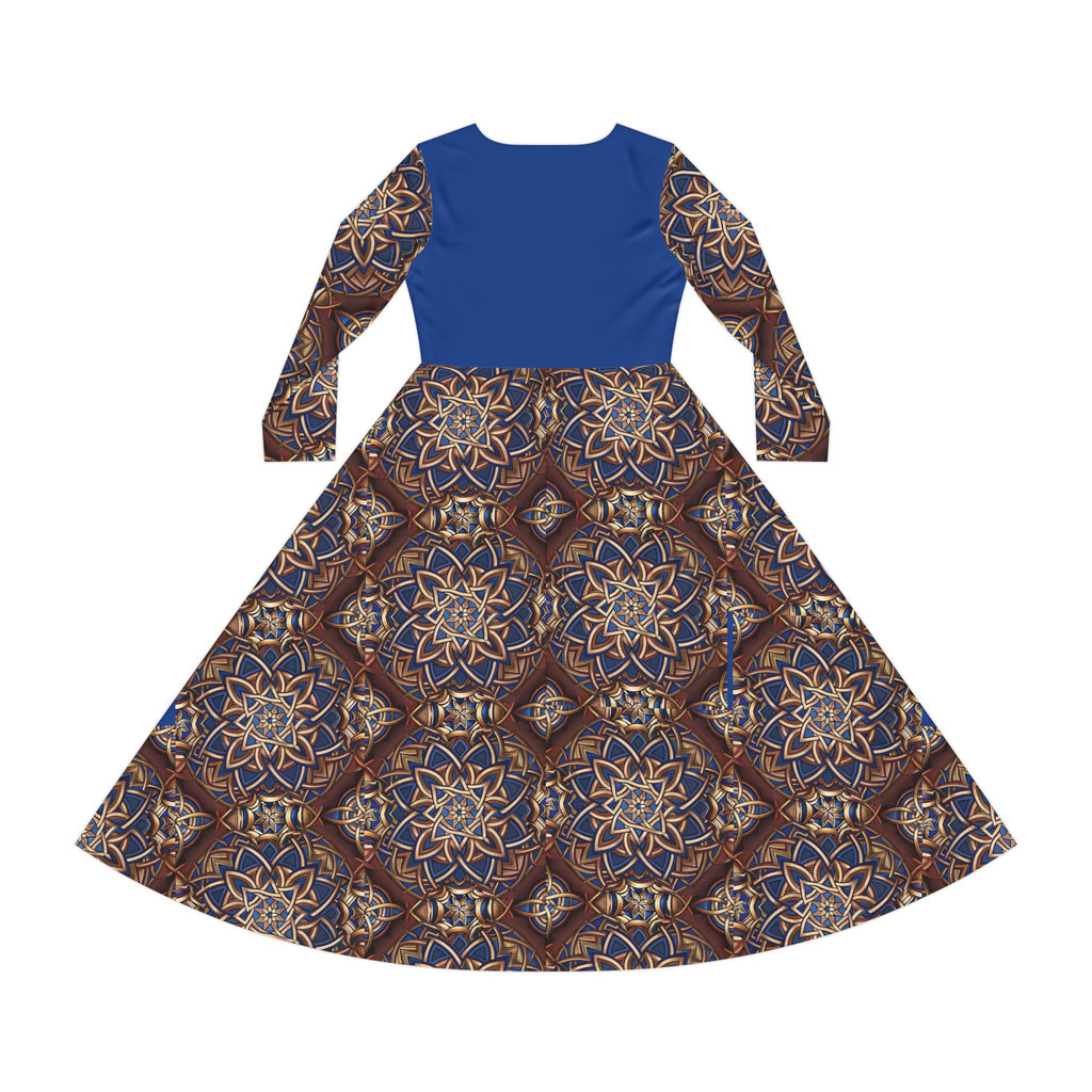 Blue dress with a Celtic patterned skirt on a white background