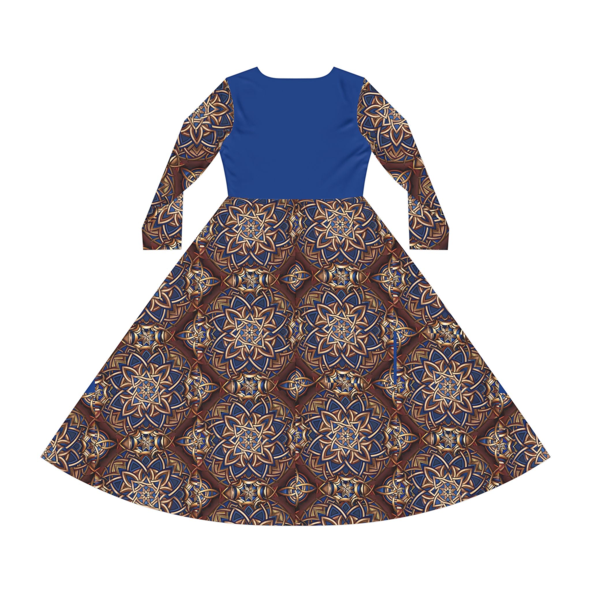 Blue dress with a Celtic patterned skirt on a white background
