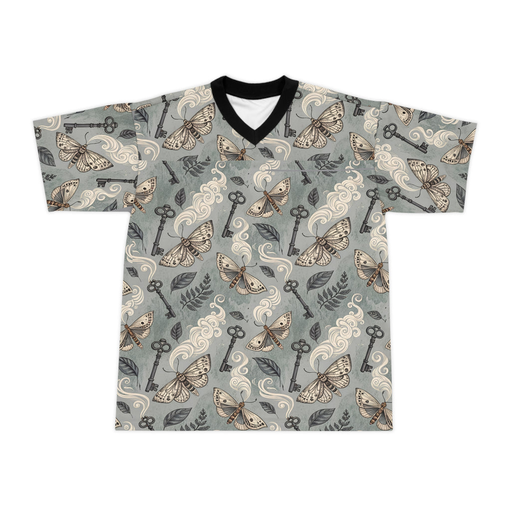 T-shirt with butterfly and key pattern on a gray background