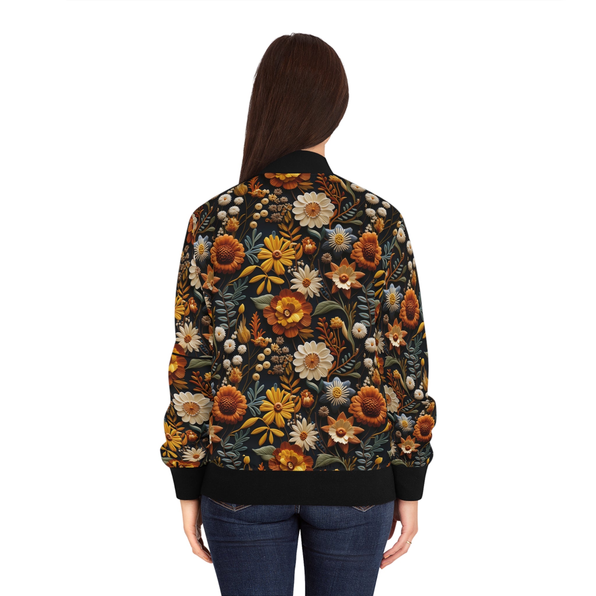 Model wearing a Floral bomber jacket on a white background.