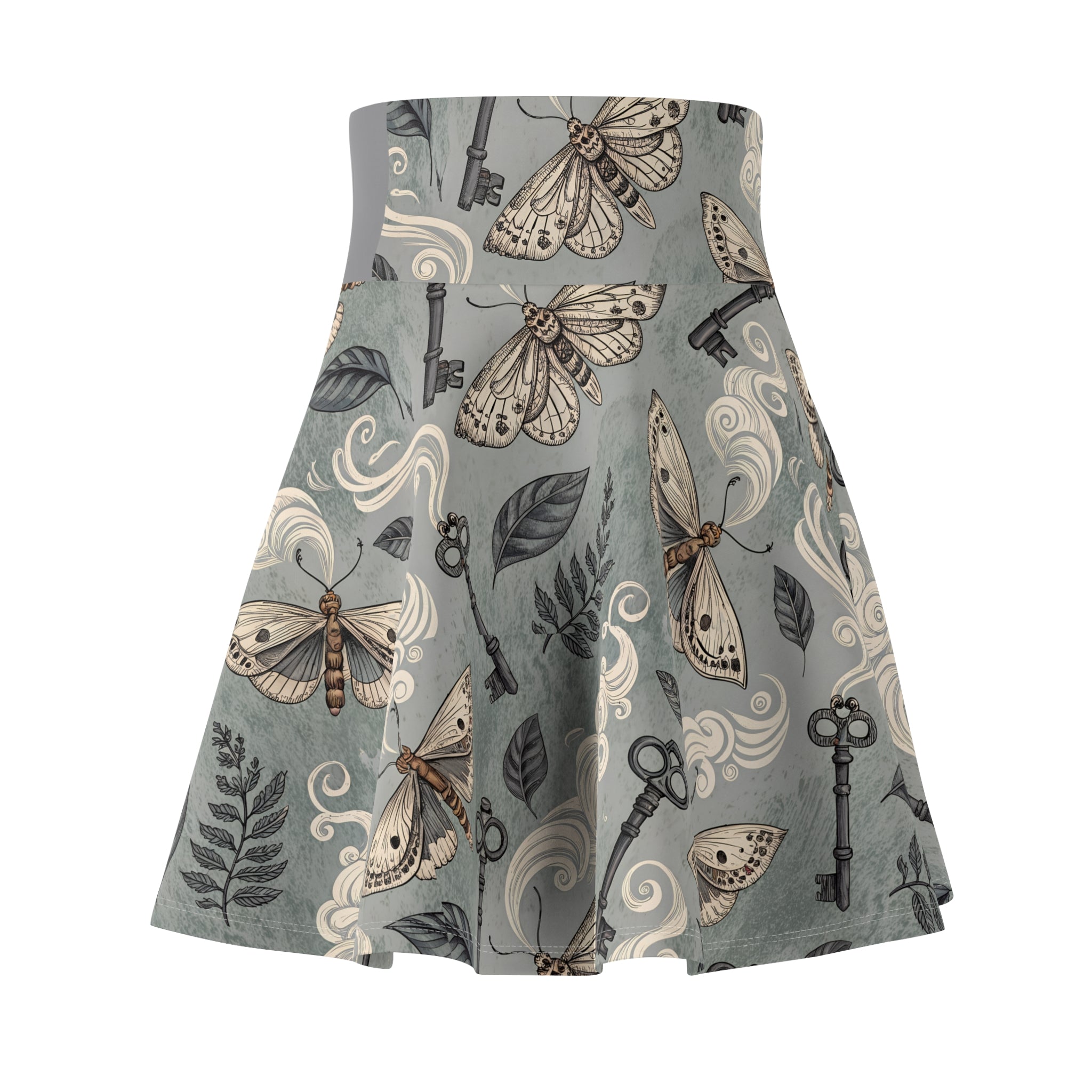 Skirt with moth and key pattern on a gray background