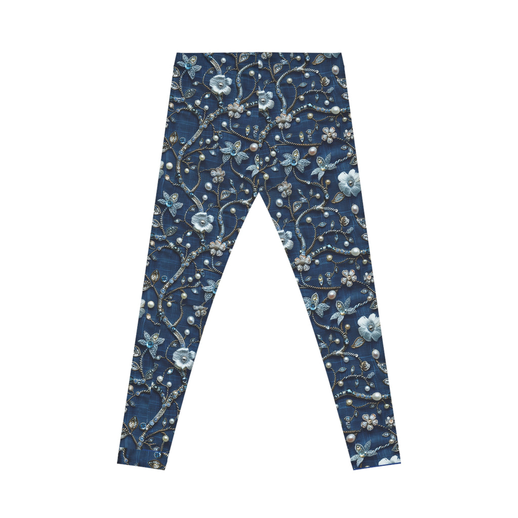 Blue floral patterned leggings on a white background